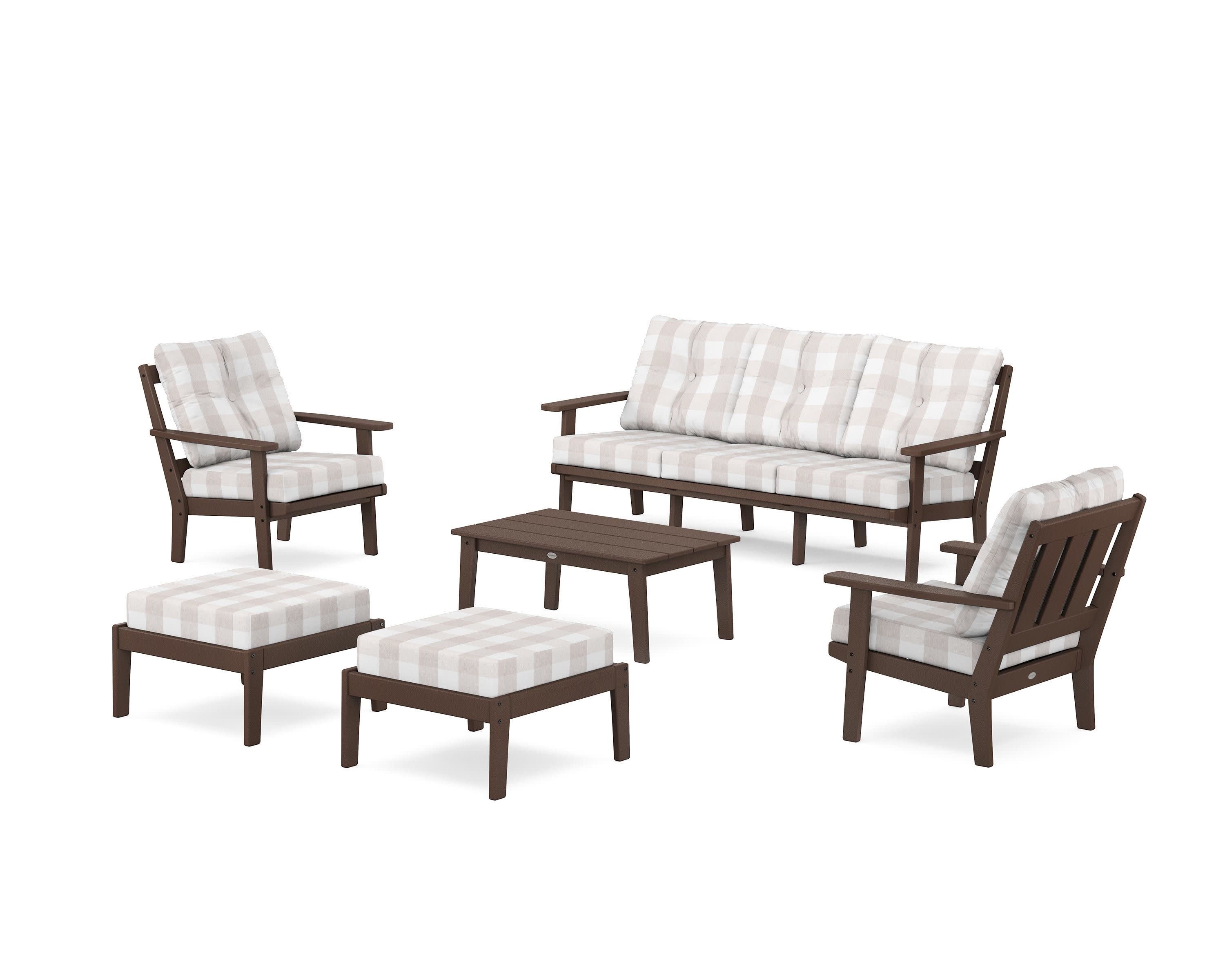 Oxford 6-Piece Lounge Sofa Set in Mahogany / Buffalo Plaid Dune Burlap