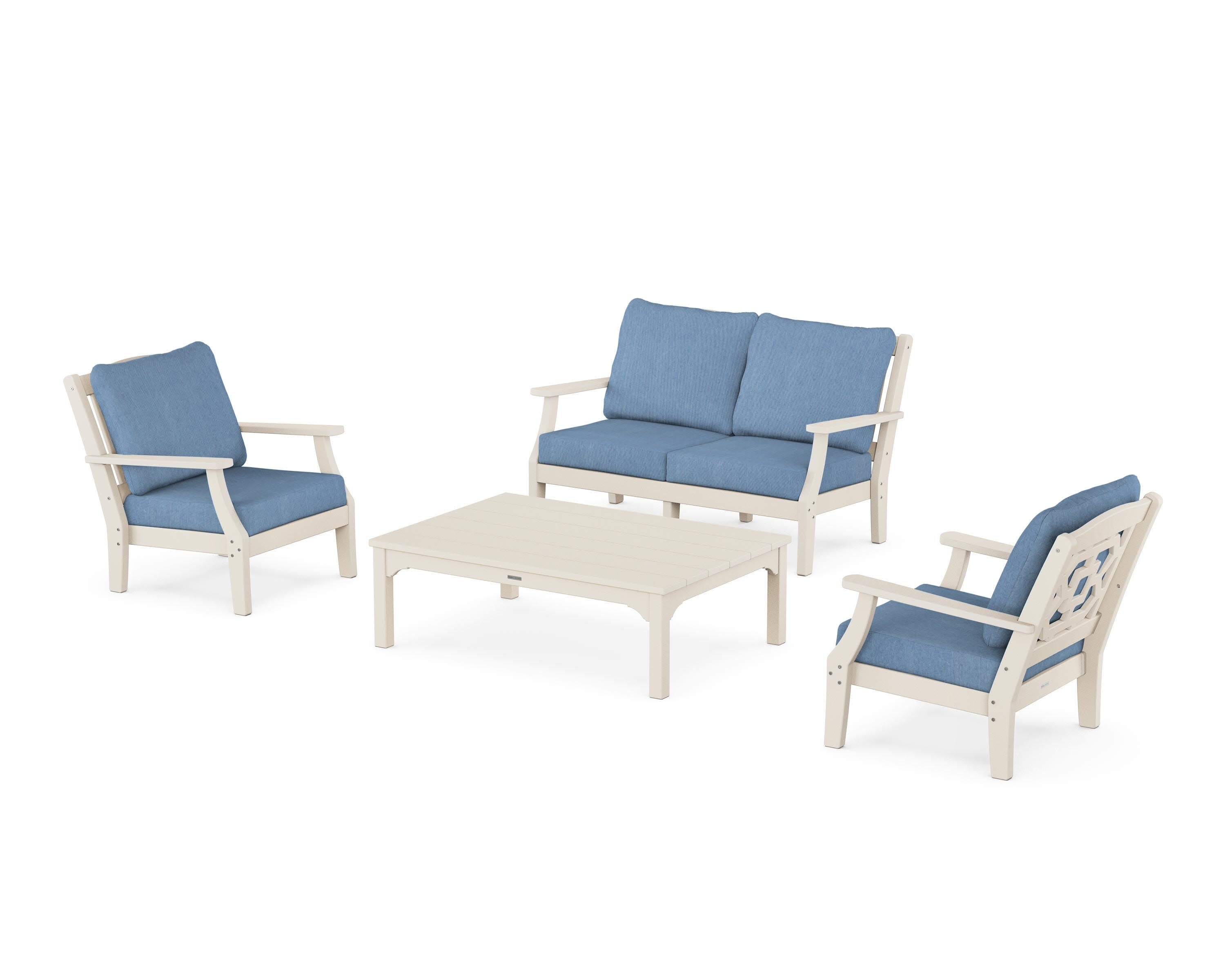 Chinoiserie 4-Piece Deep Seating Set with Loveseat in Sand / Sky Blue