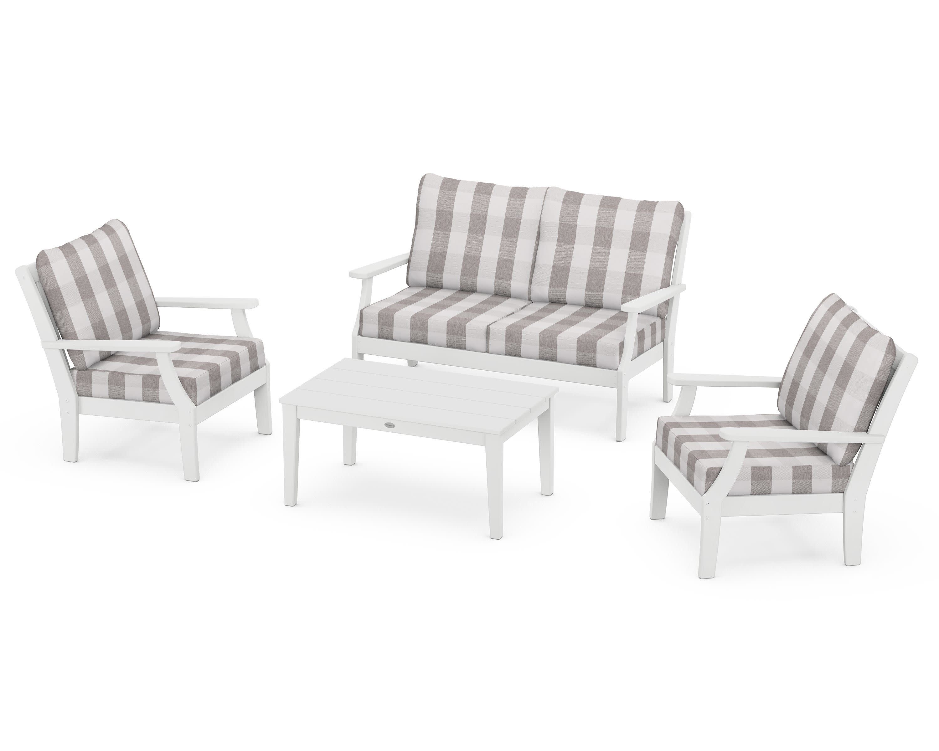Braxton 4-Piece Deep Seating Chair Set in White / Buffalo Plaid Grey Mist