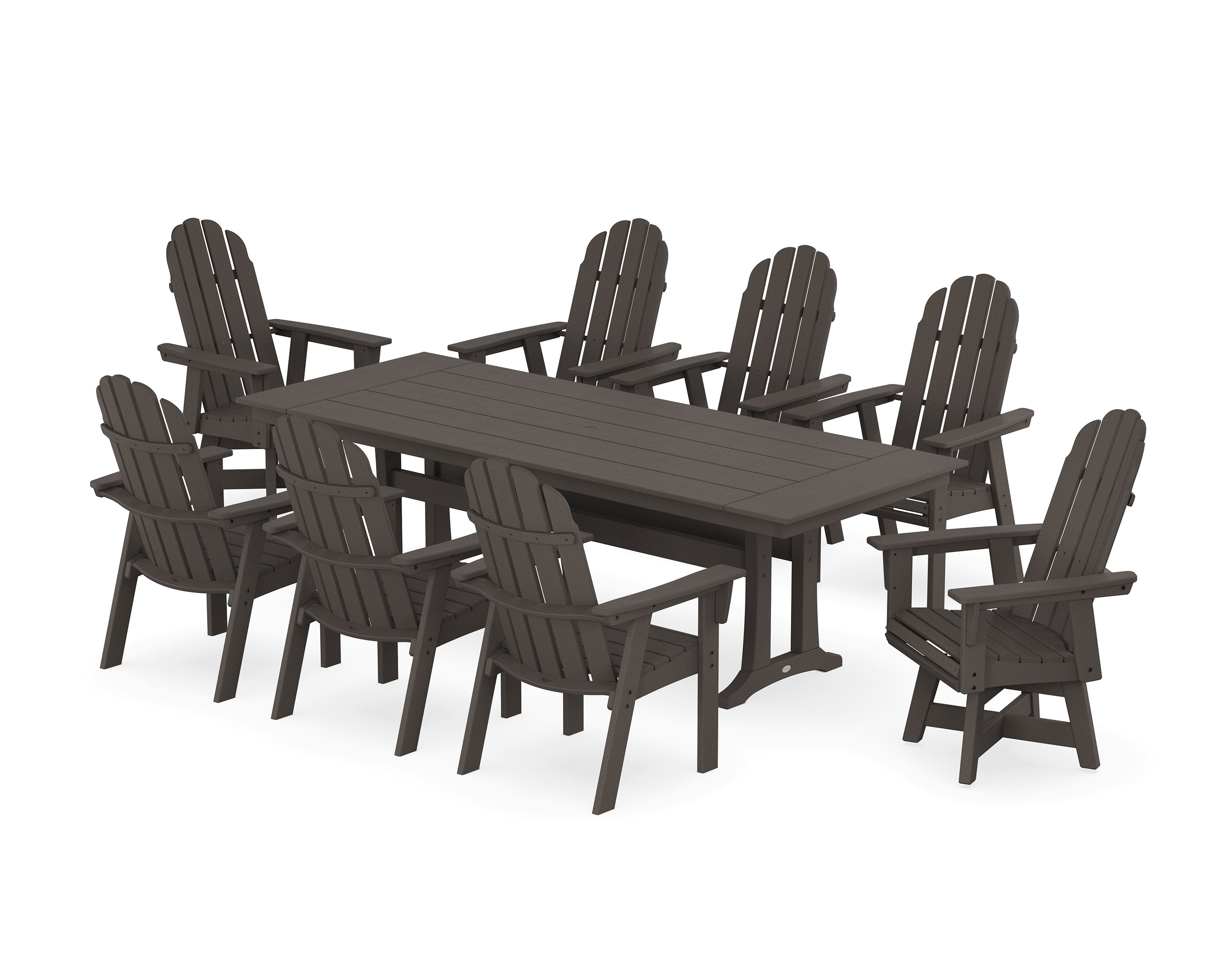 Vineyard 9-Piece Curveback Adirondack Swivel Farmhouse Dining Set with Trestle Legs in Vintage Coffee
