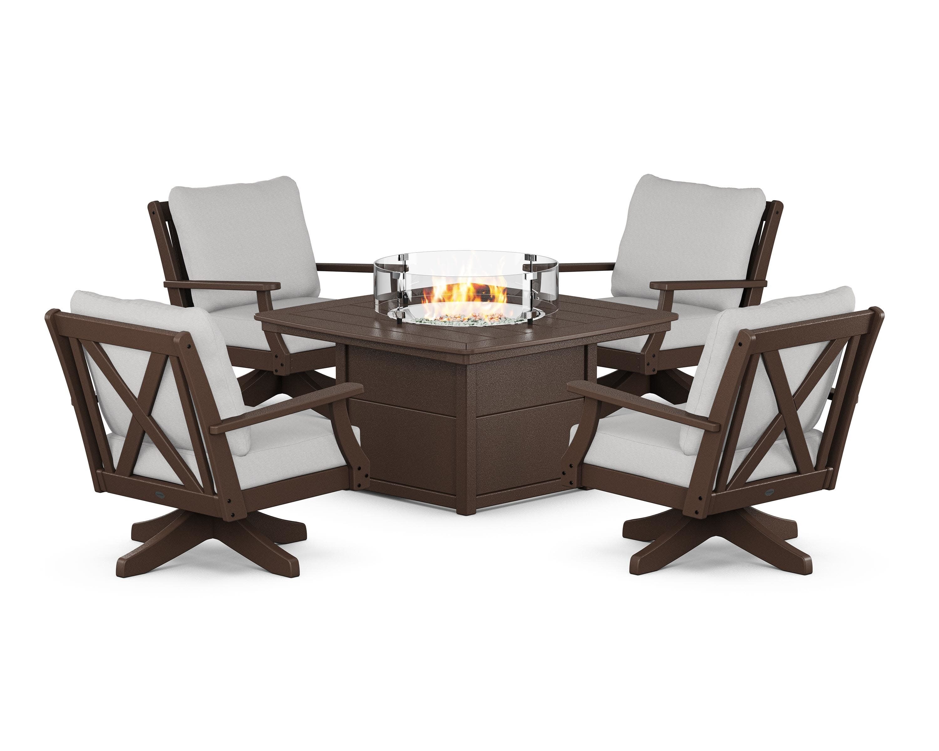 Braxton 5-Piece Deep Seating Swivel Conversation Set with Fire Pit Table in Mahogany / Diamond in the Rough