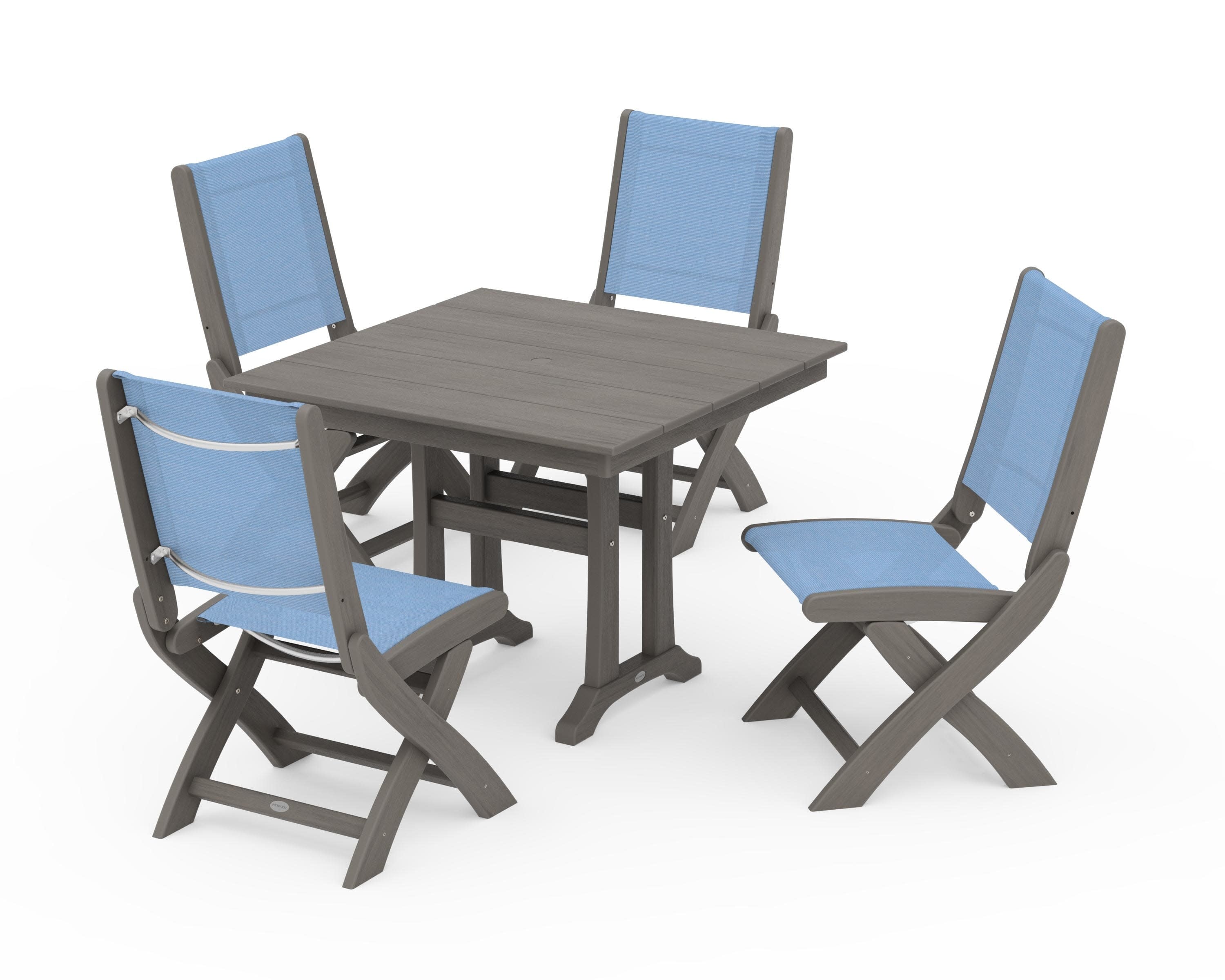 Coastal Folding Side Chair 5-Piece Farmhouse Dining Set With Trestle Legs in Driftwood / Poolside Sling