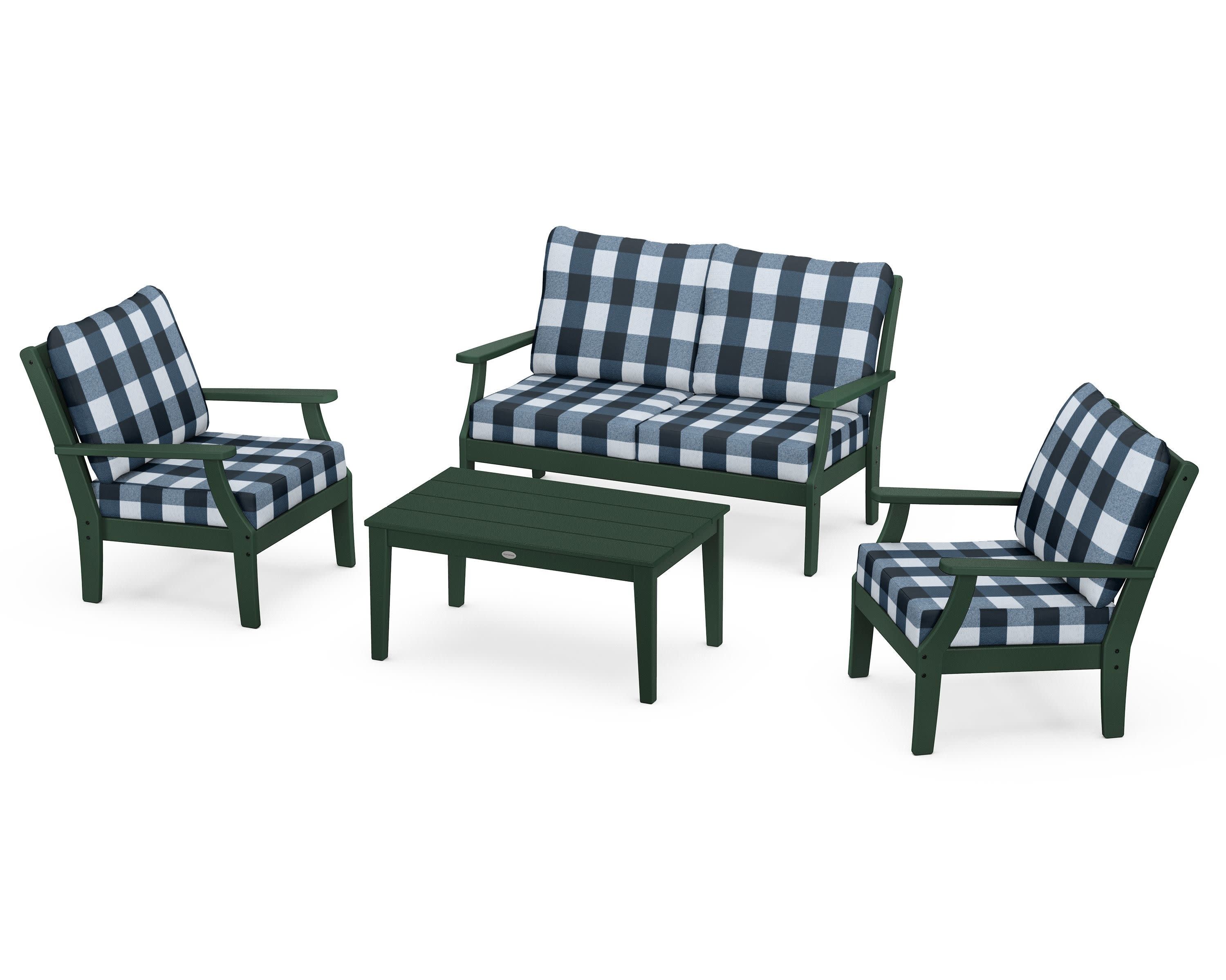 Braxton 4-Piece Deep Seating Chair Set in Green / Buffalo Plaid Marine Indigo
