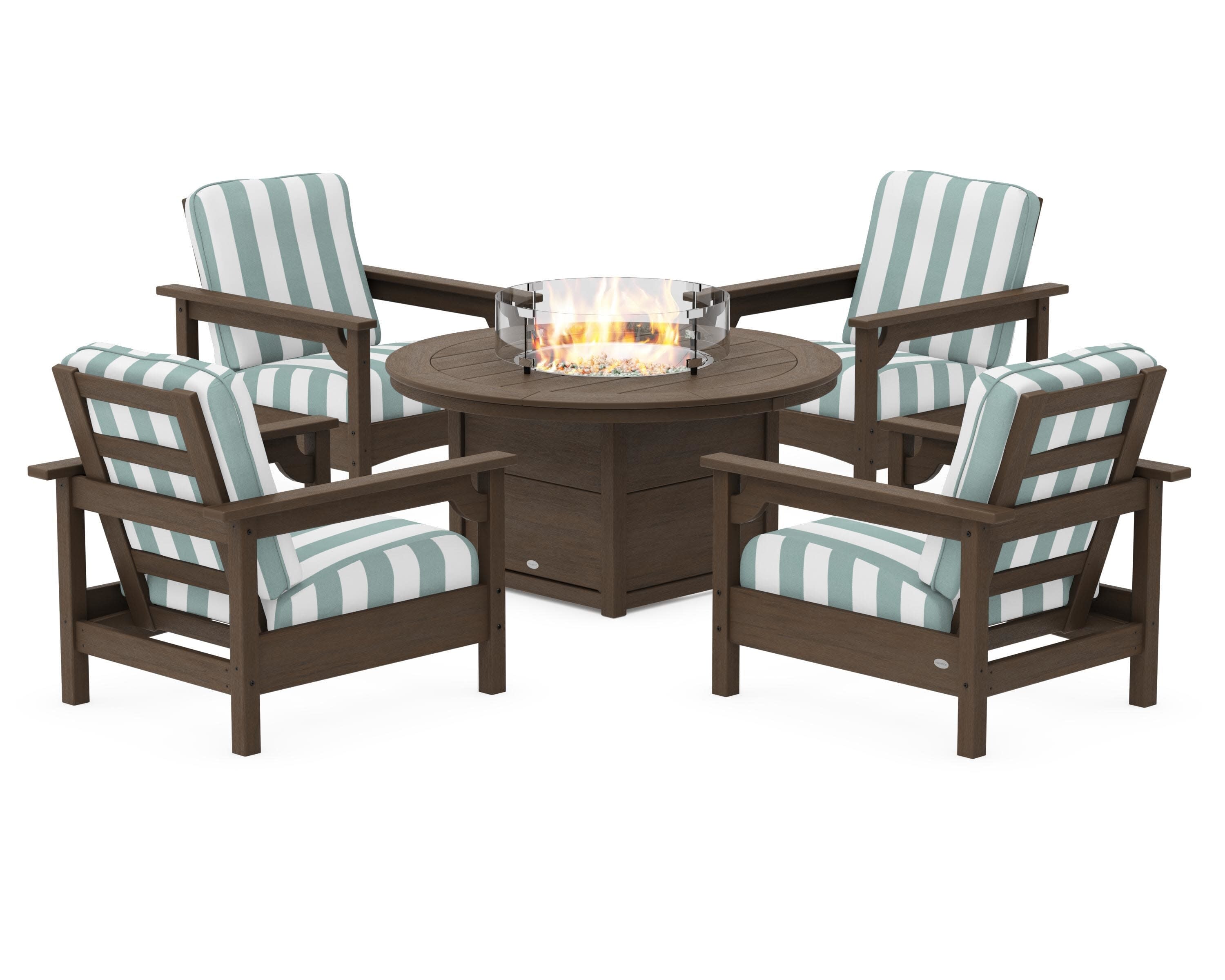 Club 5-Piece Conversation Set with Fire Pit Table in Kona / Cabana Stripe Glacier Spa