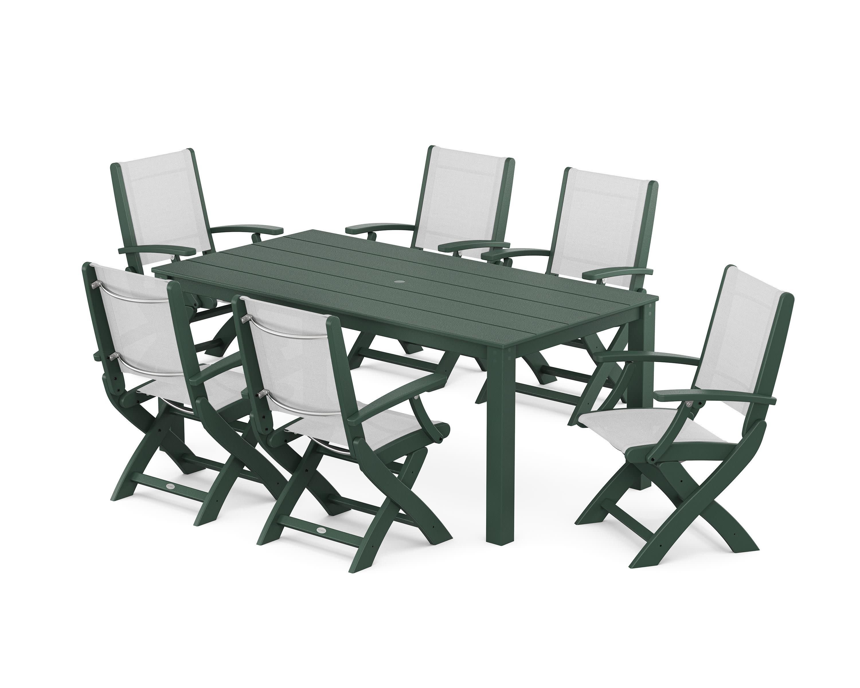 Coastal Folding Chair 7-Piece Parsons Dining Set in Green / White Sling