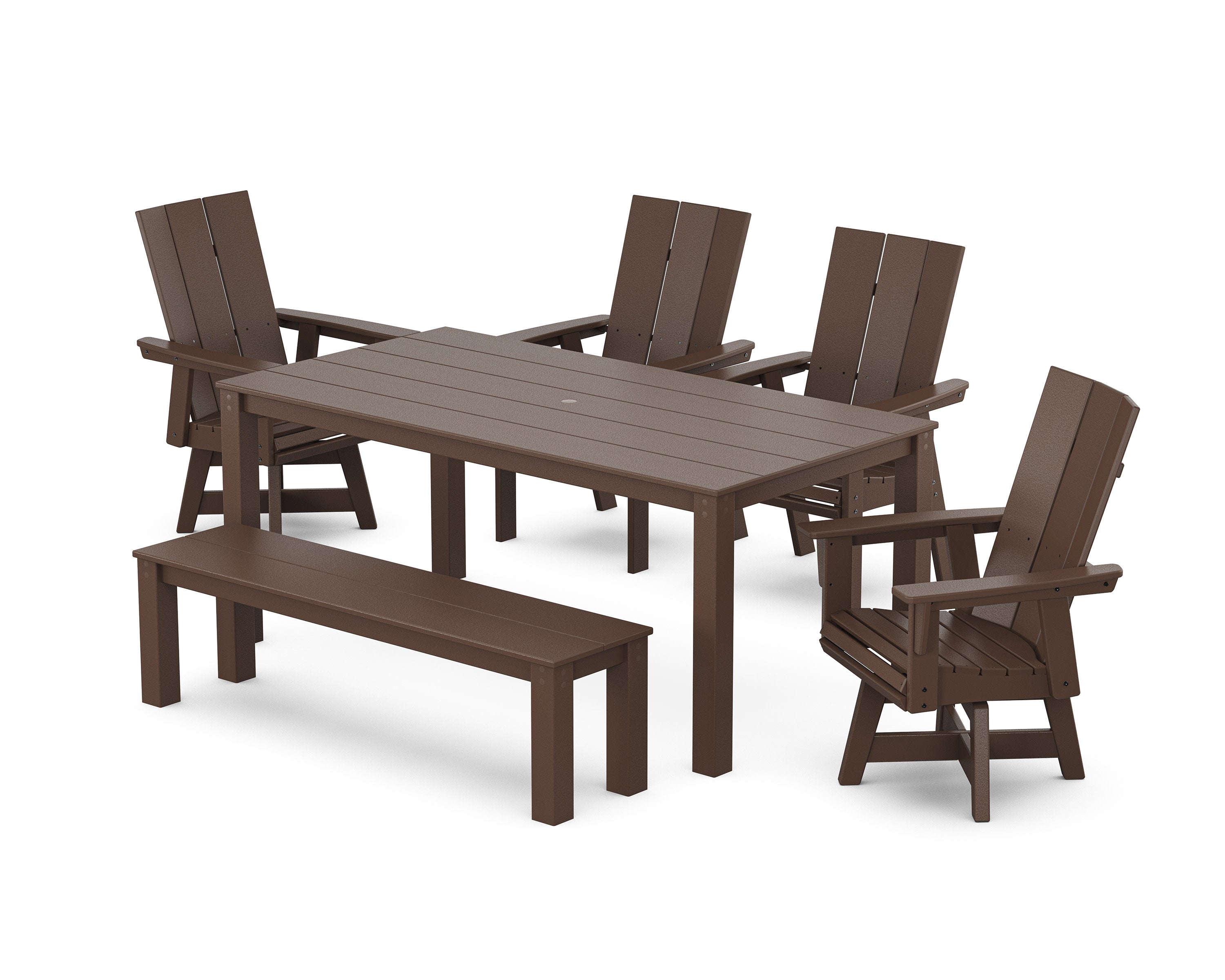 Modern Curveback Adirondack 6-Piece Parsons Swivel Dining Set with Bench in Mahogany