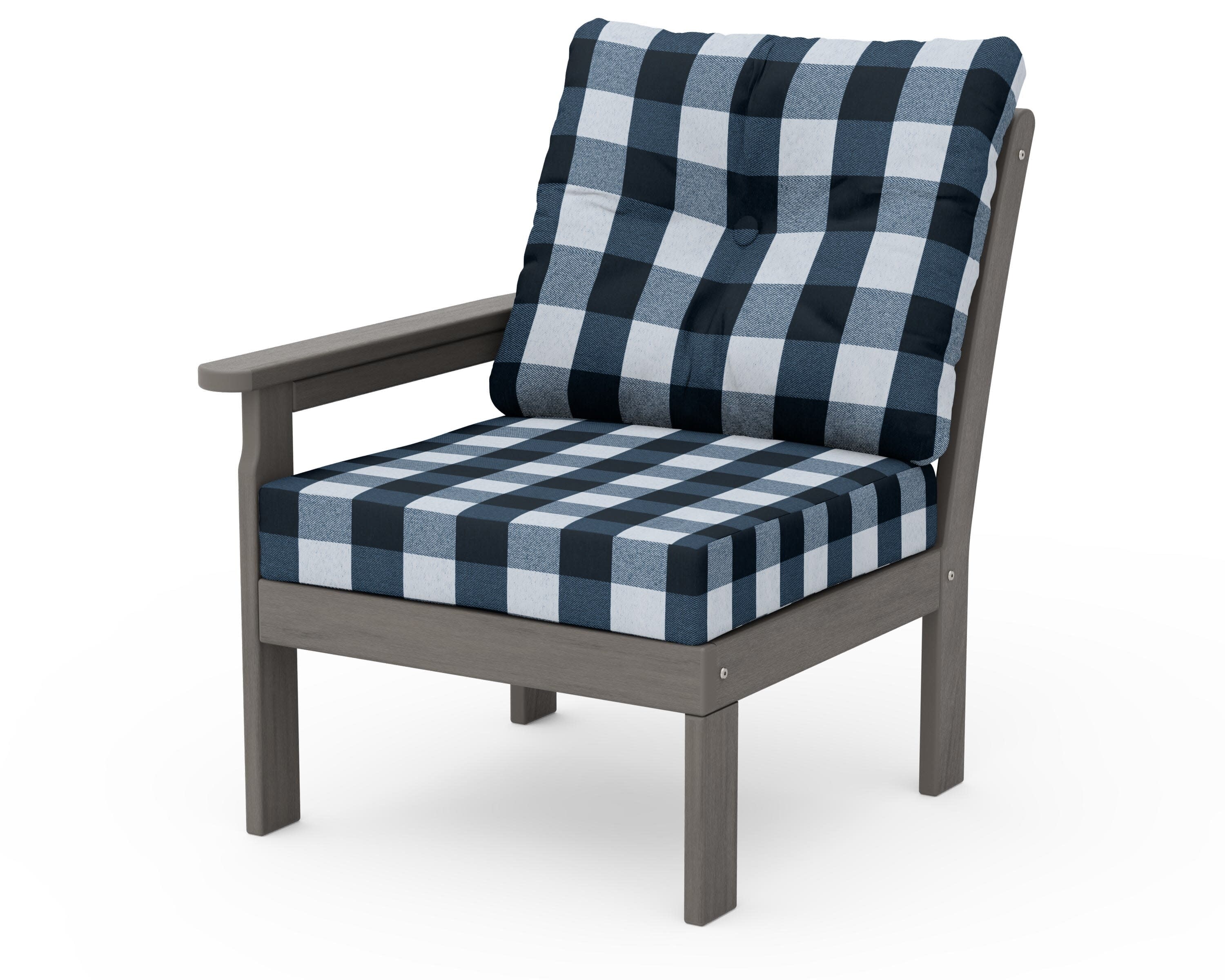 Vineyard Modular Left Arm Chair in Driftwood / Buffalo Plaid Marine Indigo