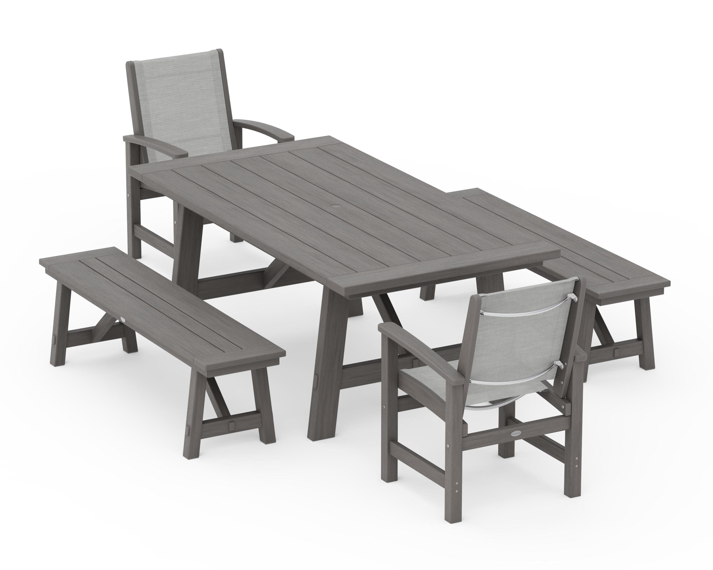 Coastal 5-Piece Rustic Farmhouse Dining Set With Benches in Driftwood / Metallic Sling