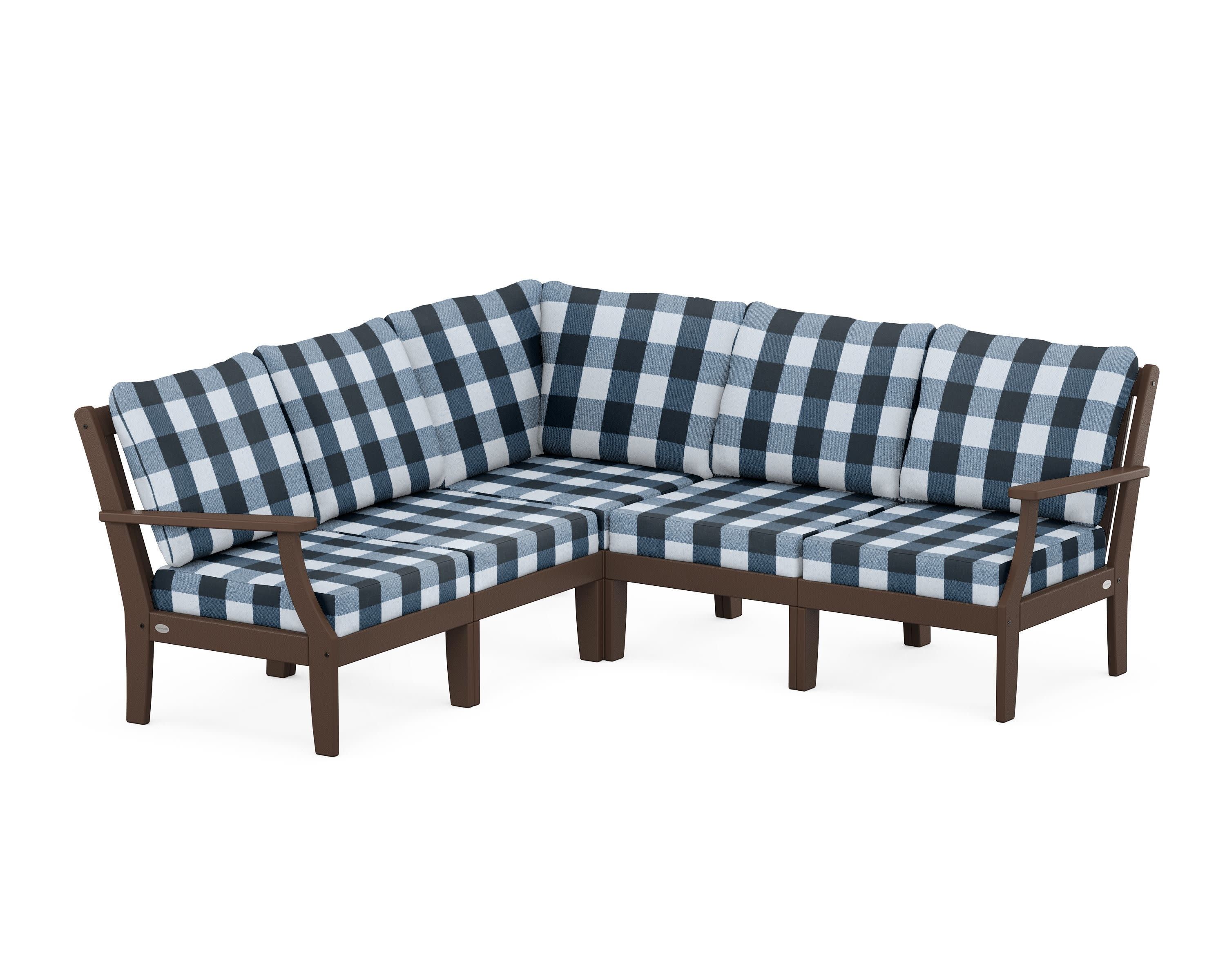 Braxton Modular 5-Piece Deep Seating Set in Mahogany / Buffalo Plaid Marine Indigo