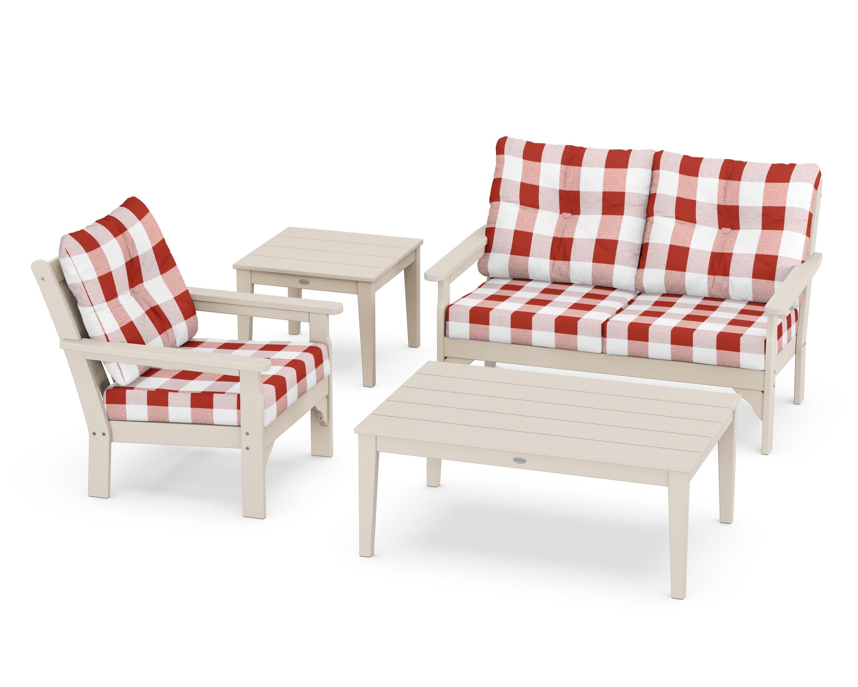 Vineyard 4-Piece Deep Seating Set in Sand / Buffalo Plaid Crimson