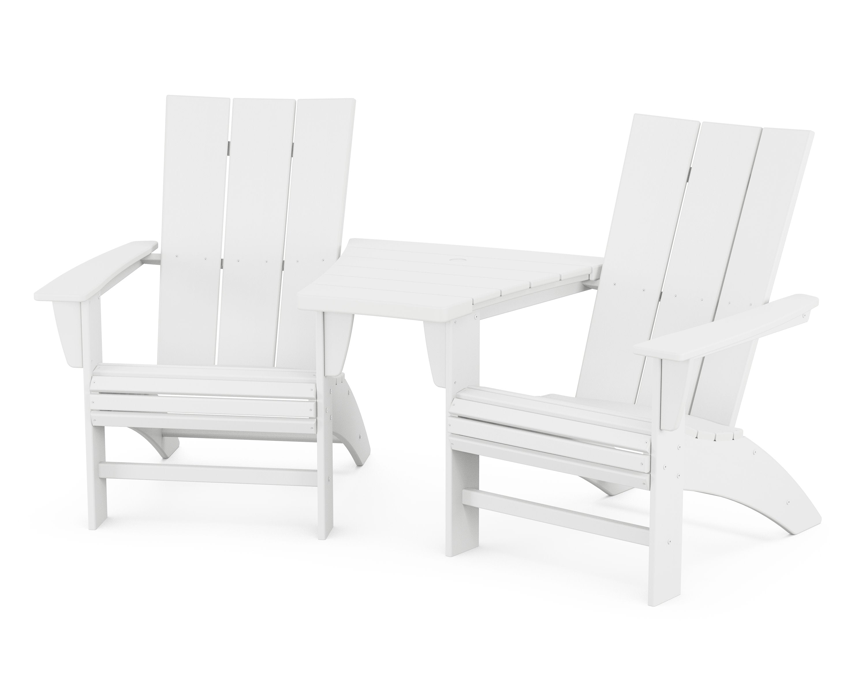 Modern 3-Piece Curveback Adirondack Set with Angled Connecting Table in White