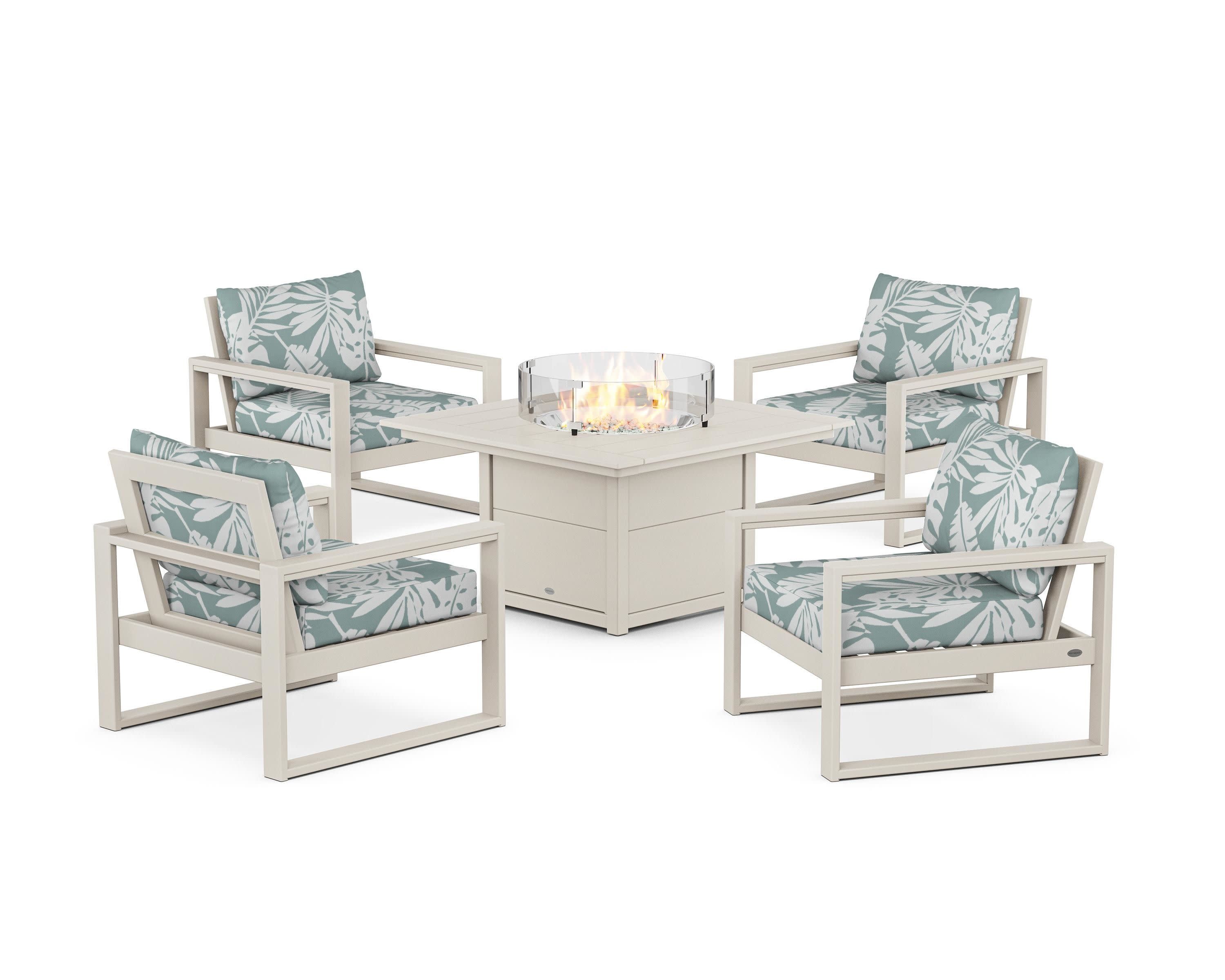 EDGE Sectional 5-Piece Deep Seating Set with Fire Pit Table in Sand / Leaf Glacier Spa