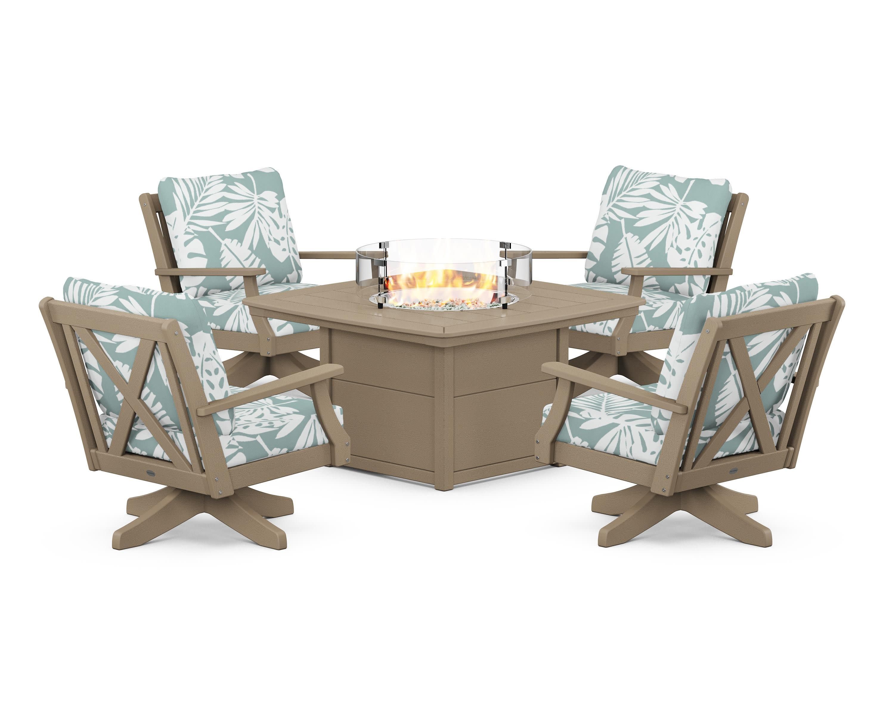 Braxton 5-Piece Deep Seating Swivel Conversation Set with Fire Pit Table in Vintage Sahara / Leaf Glacier Spa