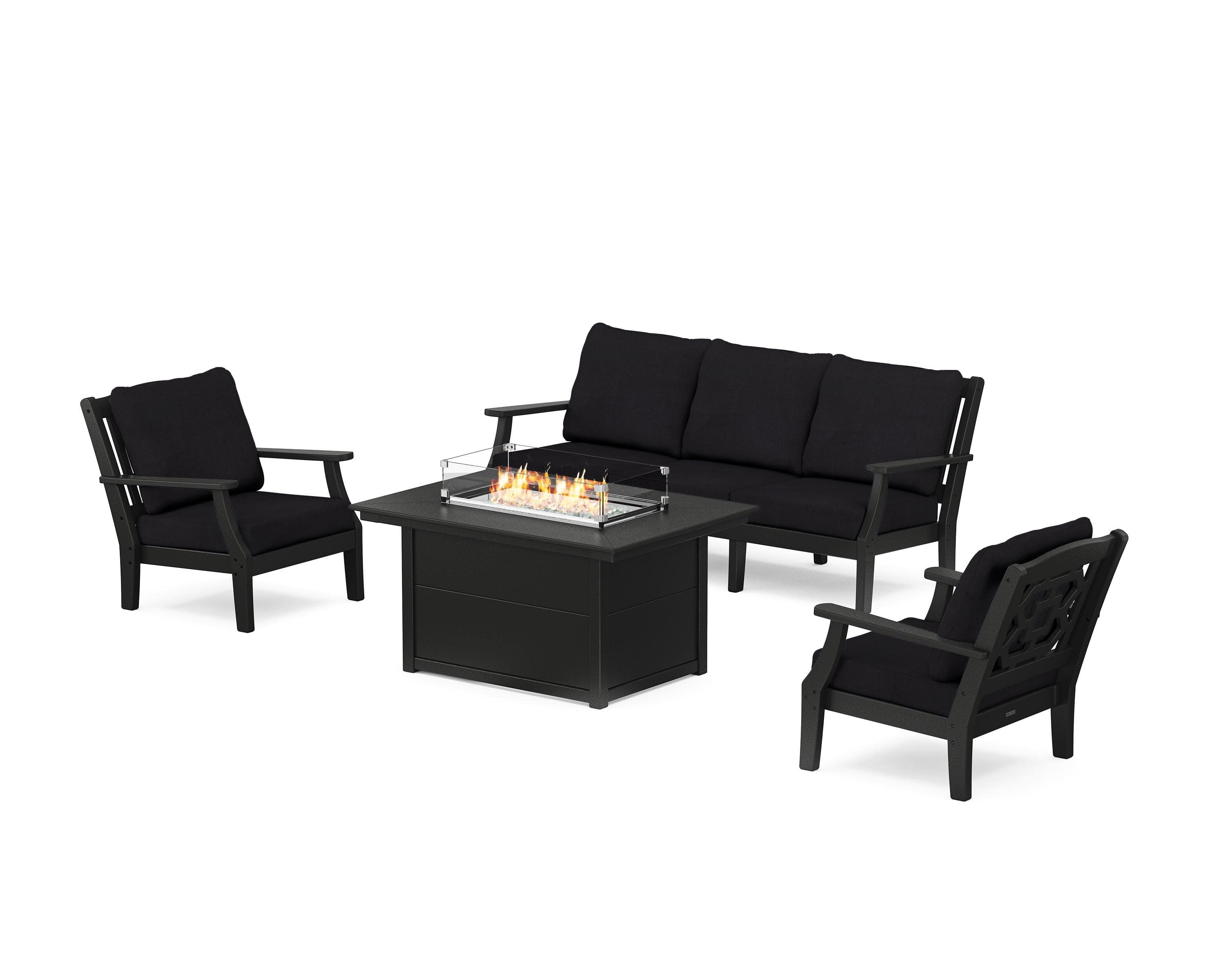 Chinoiserie Deep Seating Fire Pit Table Set in Black / Midnight Linen