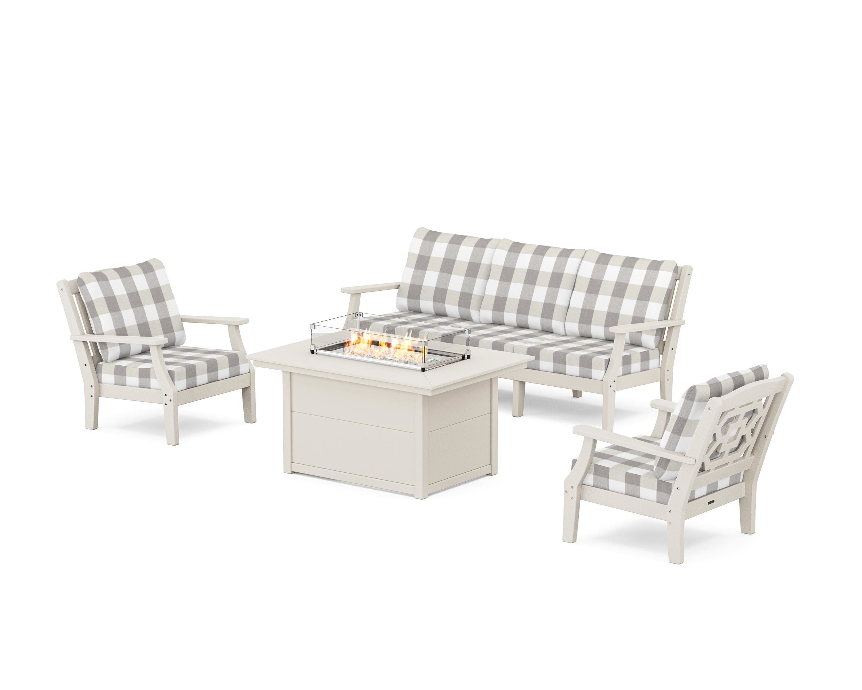 Chinoiserie Deep Seating Fire Pit Table Set in Sand / Buffalo Plaid Grey Mist