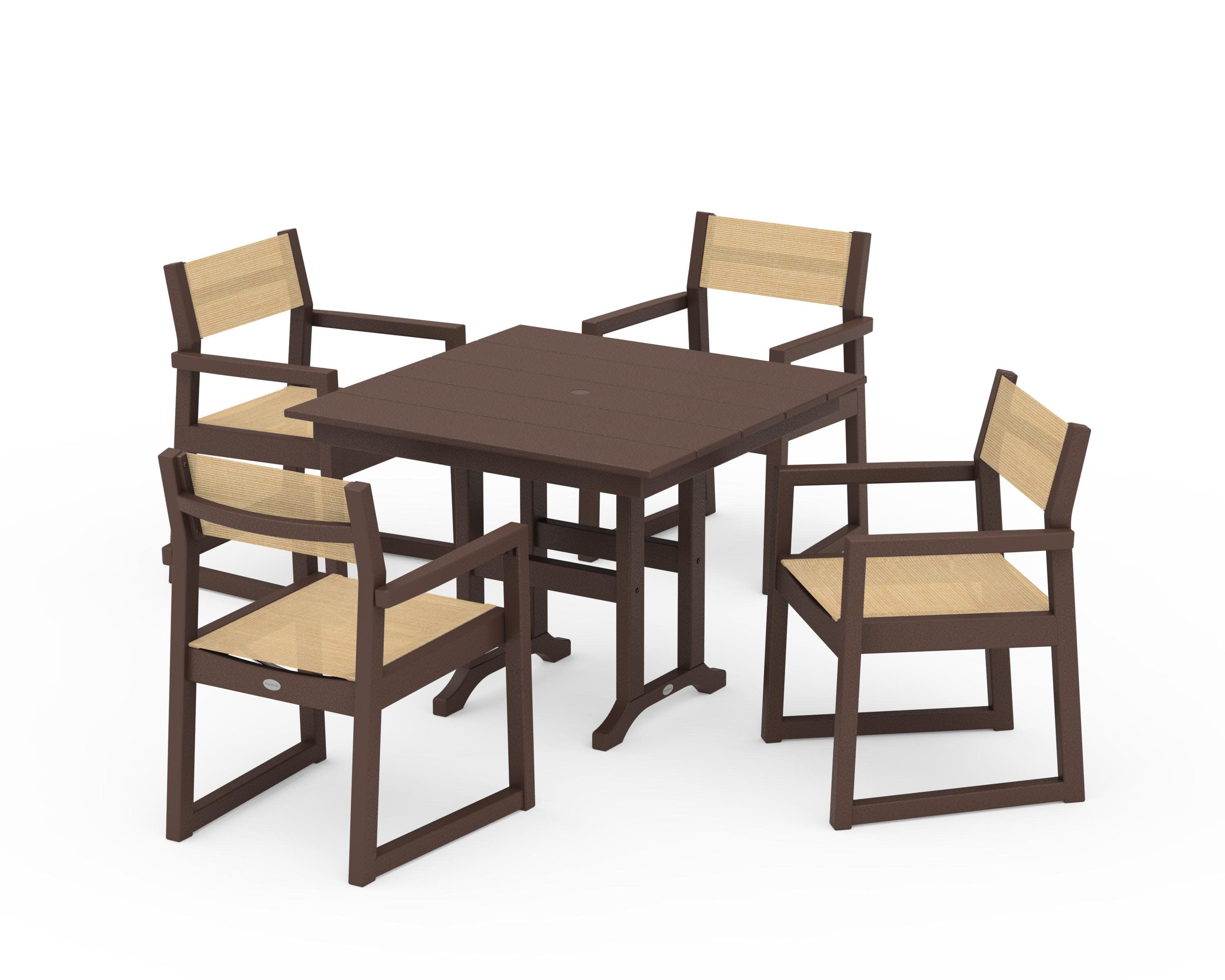 EDGE Sling Arm Chair 5-Piece Farmhouse Dining Set in Mahogany / Dupioni Apricot Sling