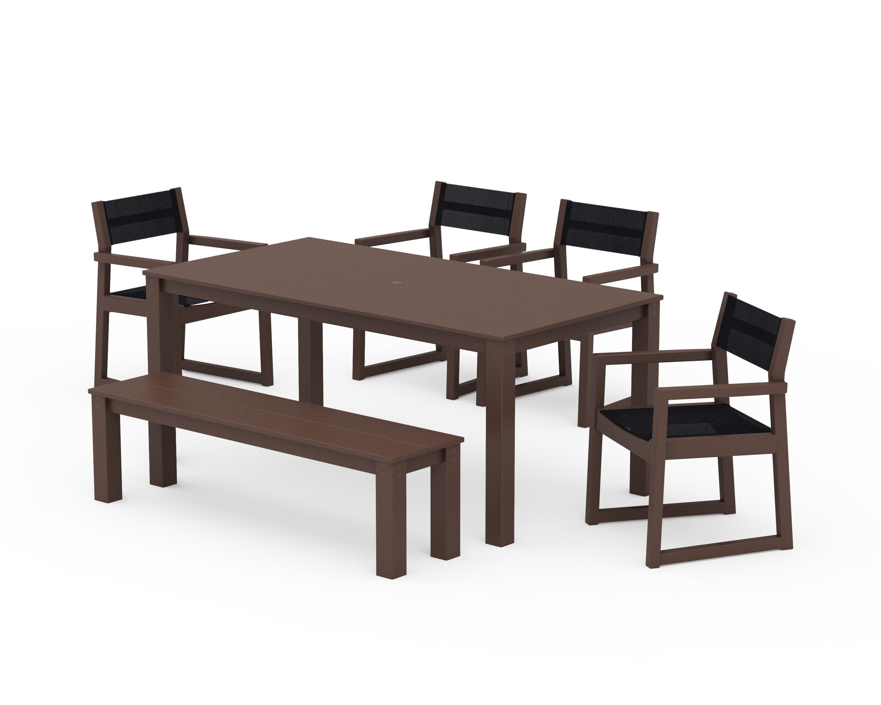 EDGE Sling Arm Chair 6-Piece Parsons Dining Set with Bench in Mahogany / Black Sling