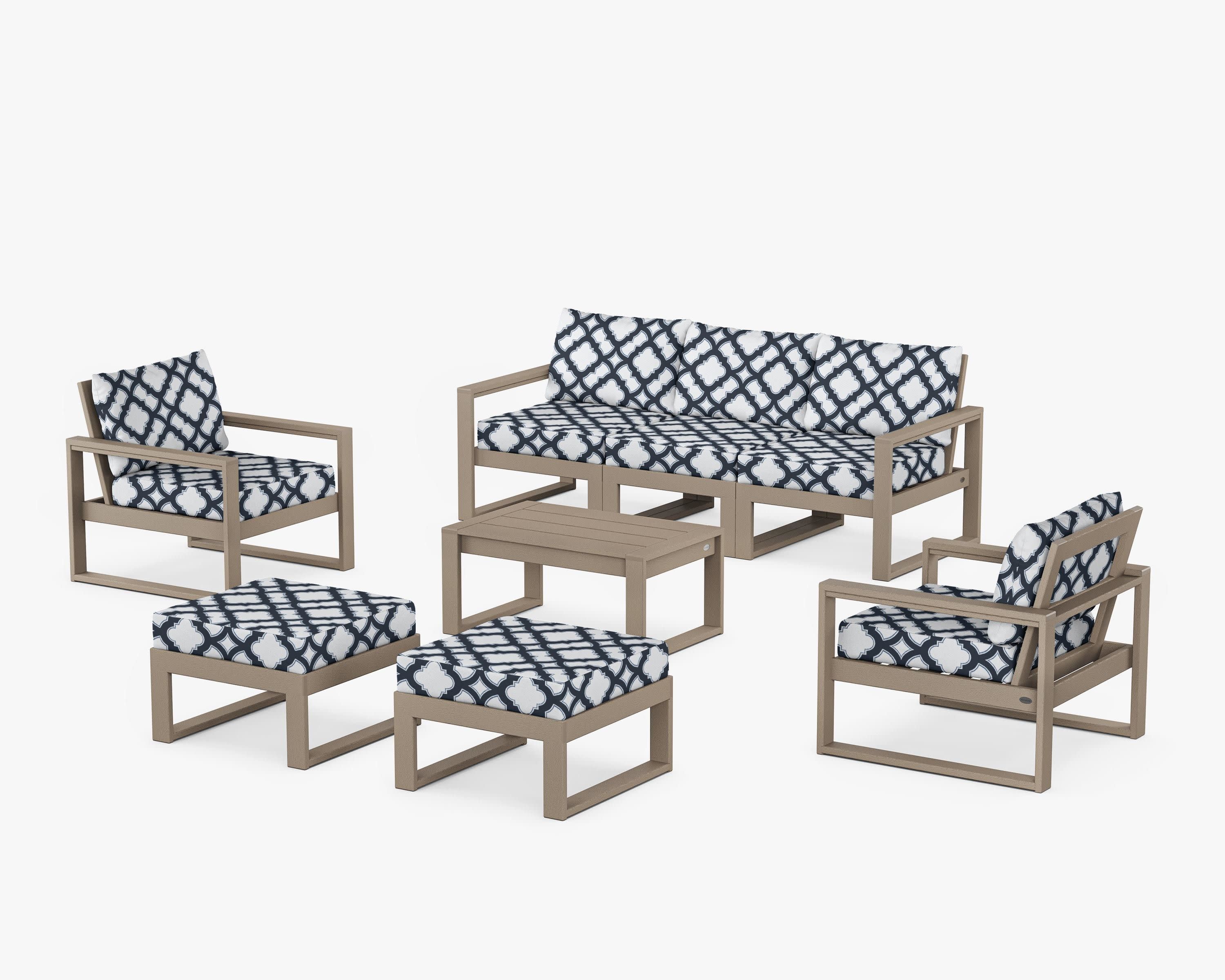 EDGE Sectional 8-Piece Lounge Sofa Set in Vintage Sahara / Trellis Marine Indigo