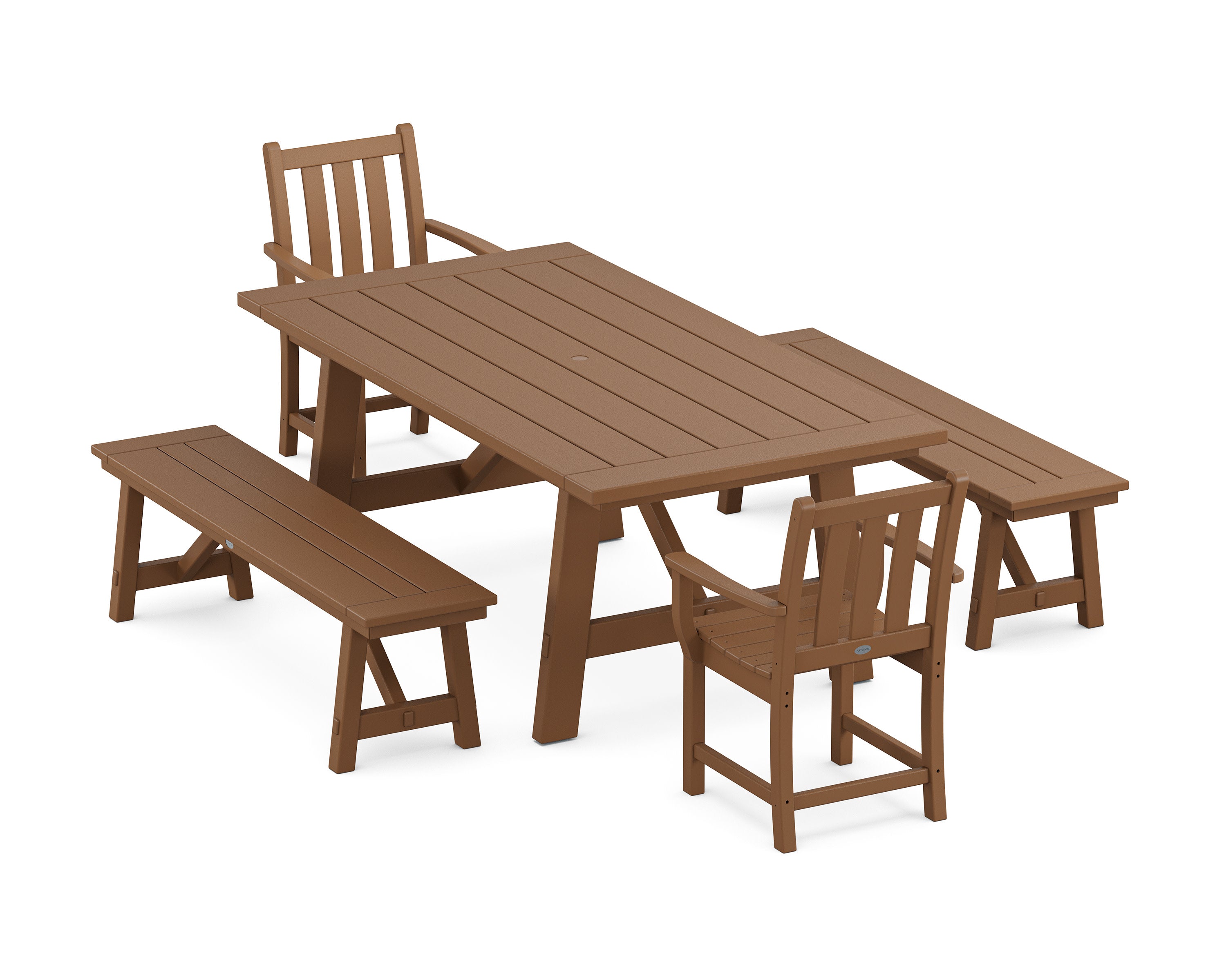 Traditional Garden 5-Piece Rustic Farmhouse Dining Set With Benches in Teak