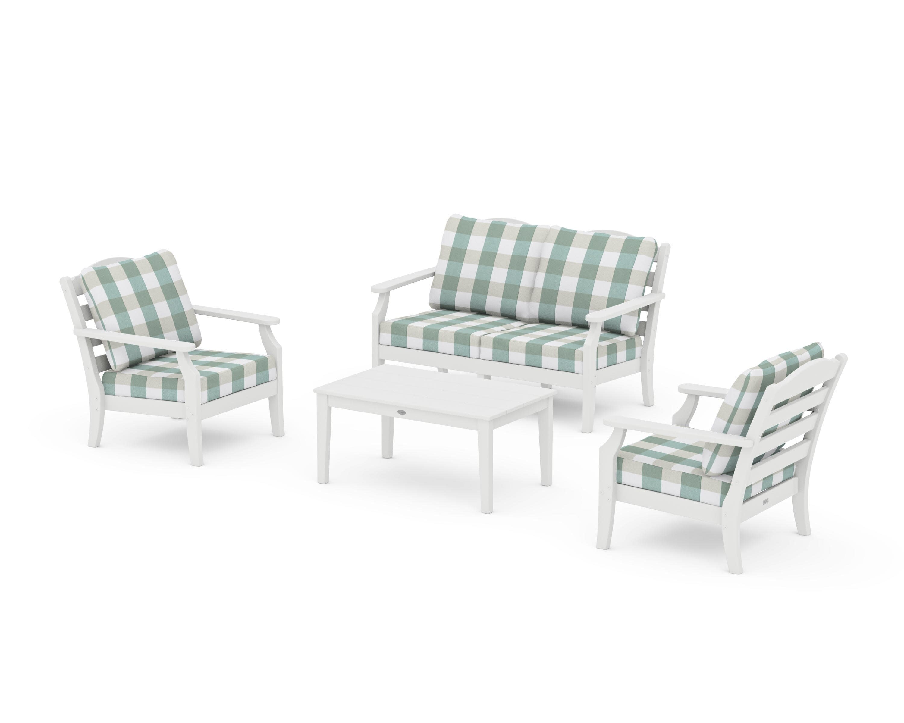 Savannah 4-Piece Deep Seating Set with Loveseat in White / Buffalo Plaid Glacier Spa