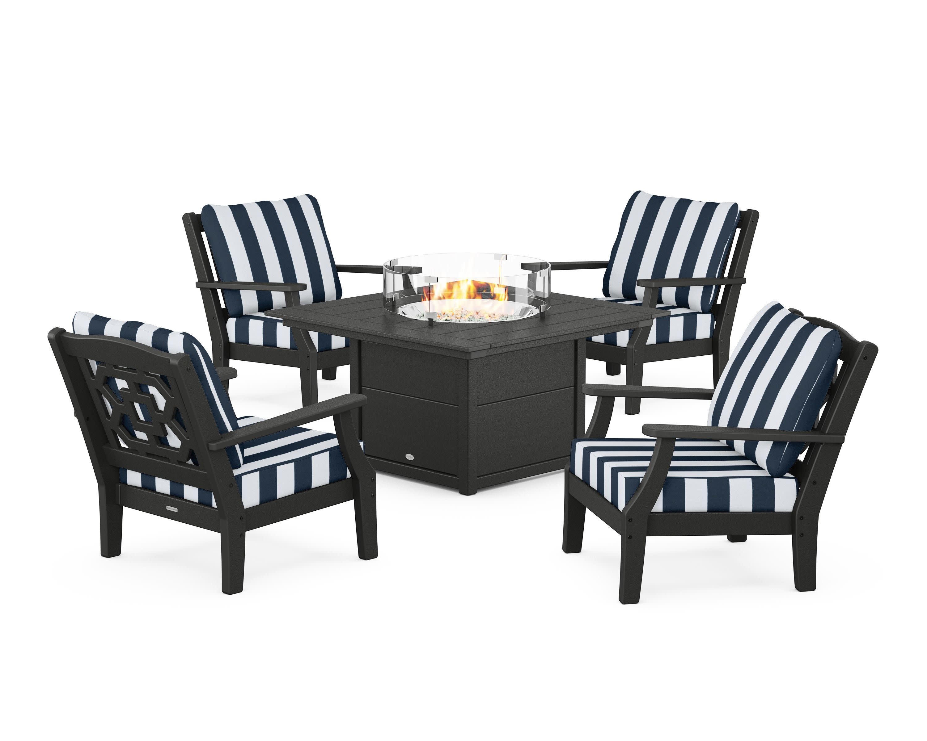 Chinoiserie 5-Piece Deep Seating Set with Fire Pit Table in Black / Cabana Stripe Marine Indigo