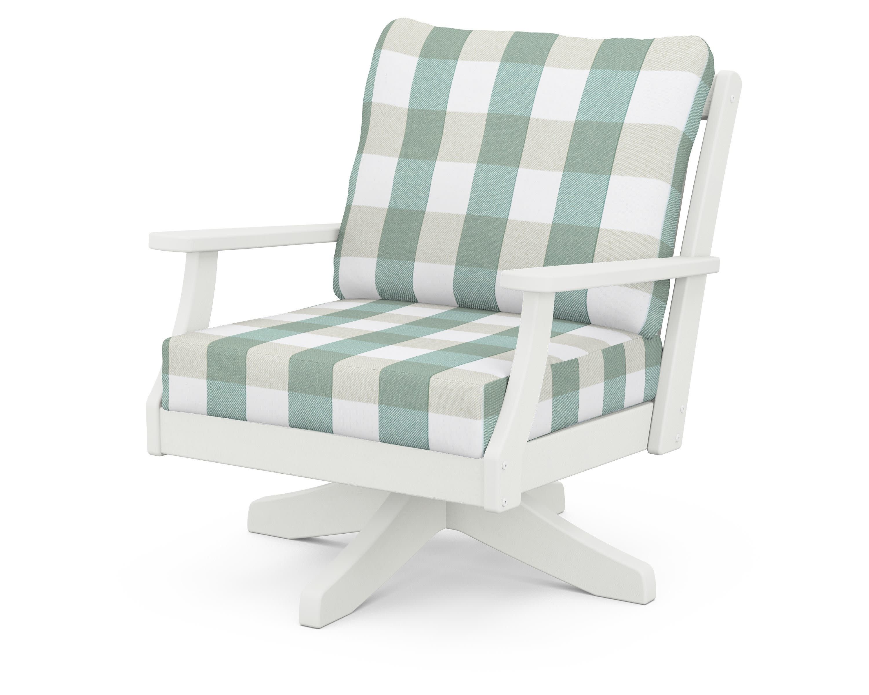 Braxton Deep Seating Swivel Chair in Vintage White / Buffalo Plaid Glacier Spa