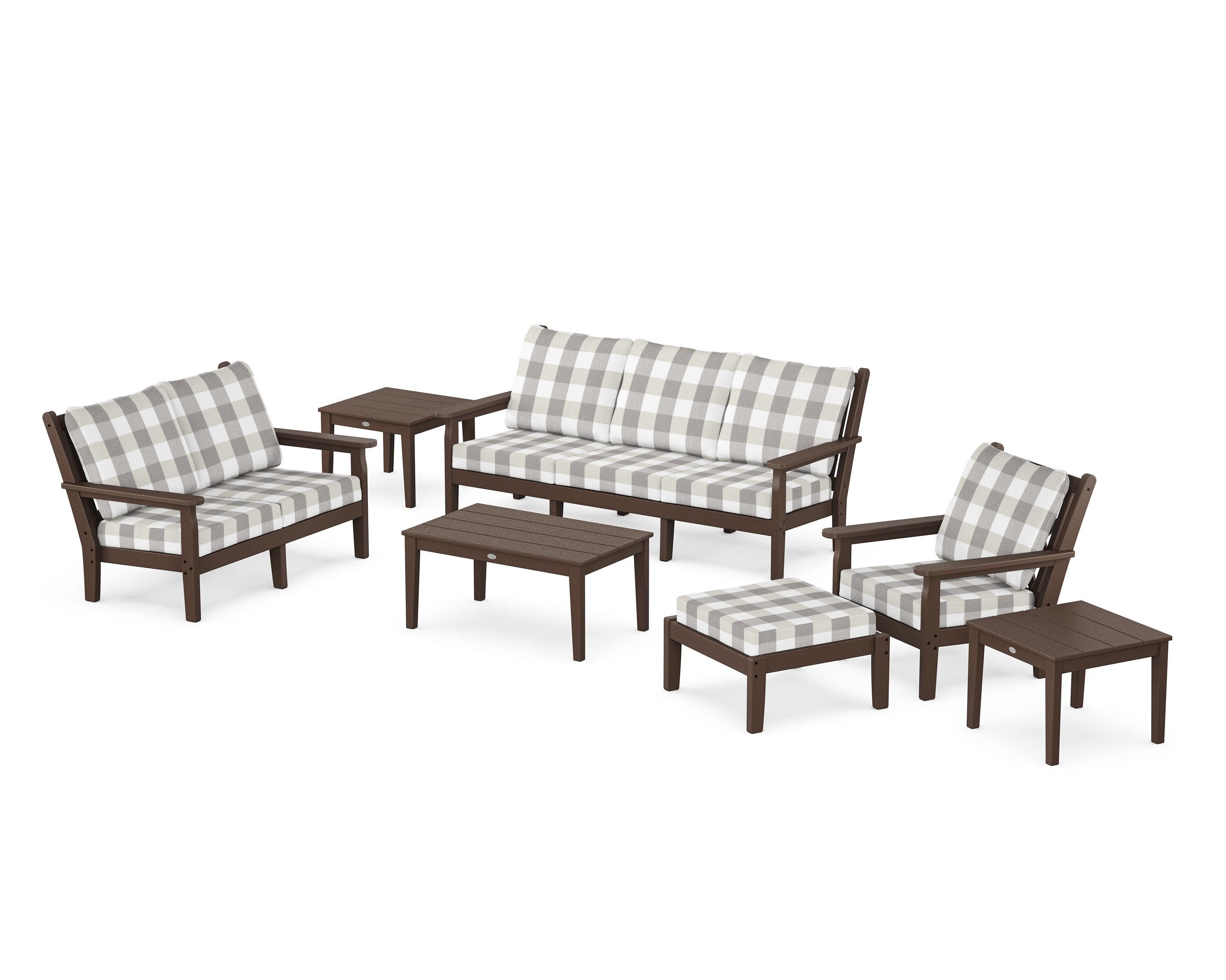 Chippendale 7-Piece Deep Seating Set in Mahogany / Buffalo Plaid Grey Mist