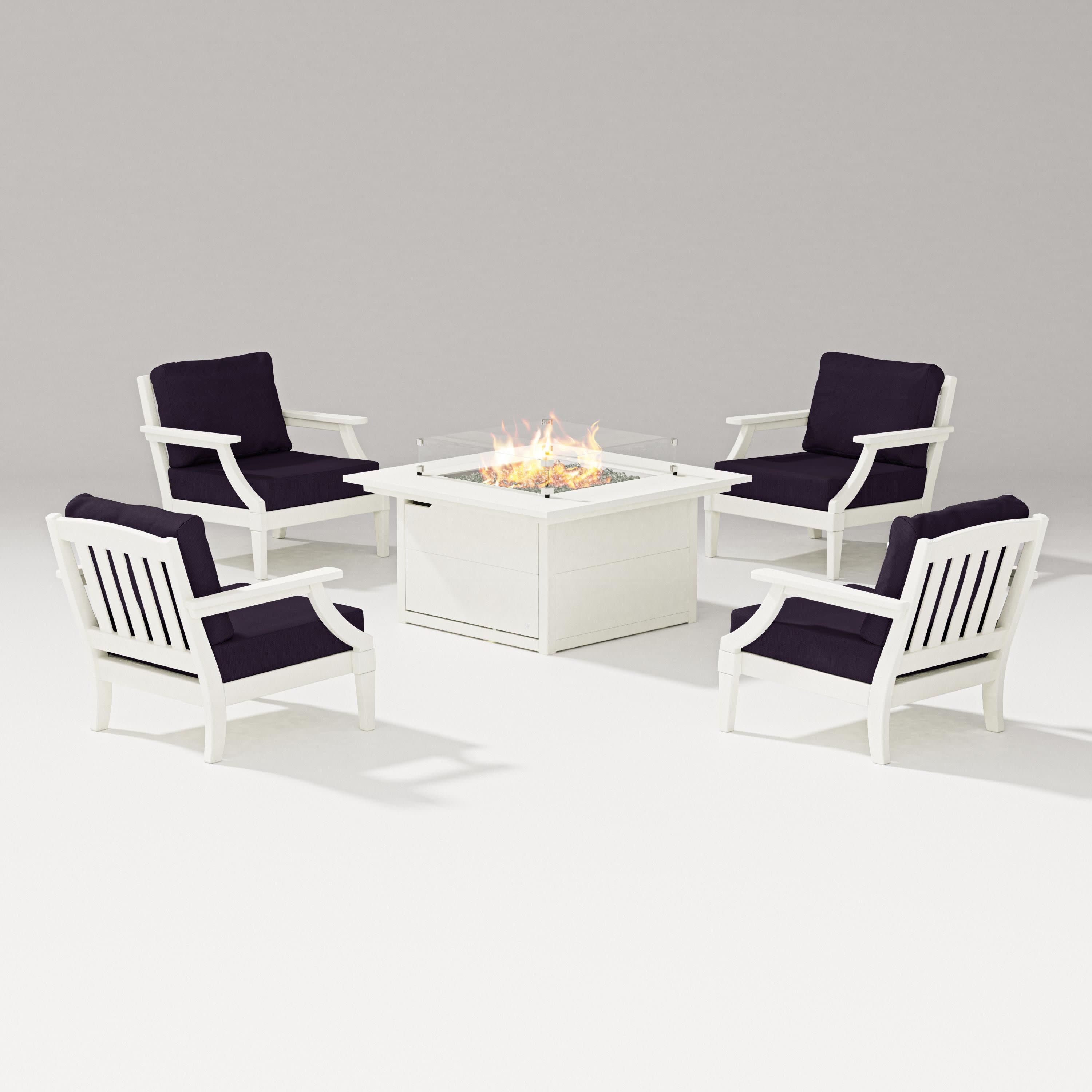 Estate 5-Piece Lounge Fire Table Set in Vintage White / Navy Linen