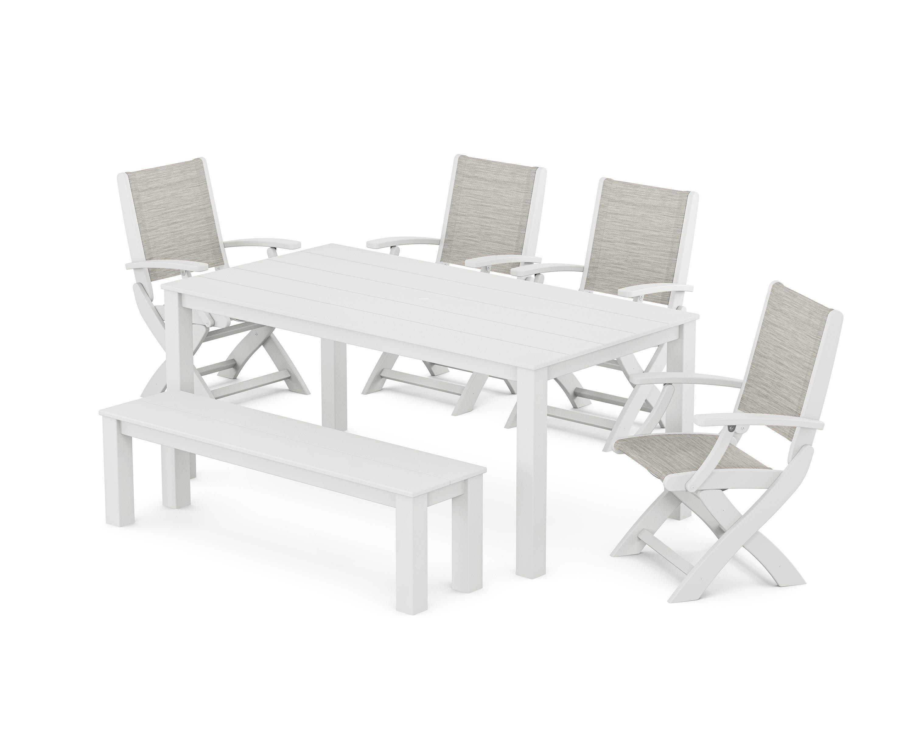 Coastal Folding Chair 6-Piece Parsons Dining Set with Bench in White / Birch Sling
