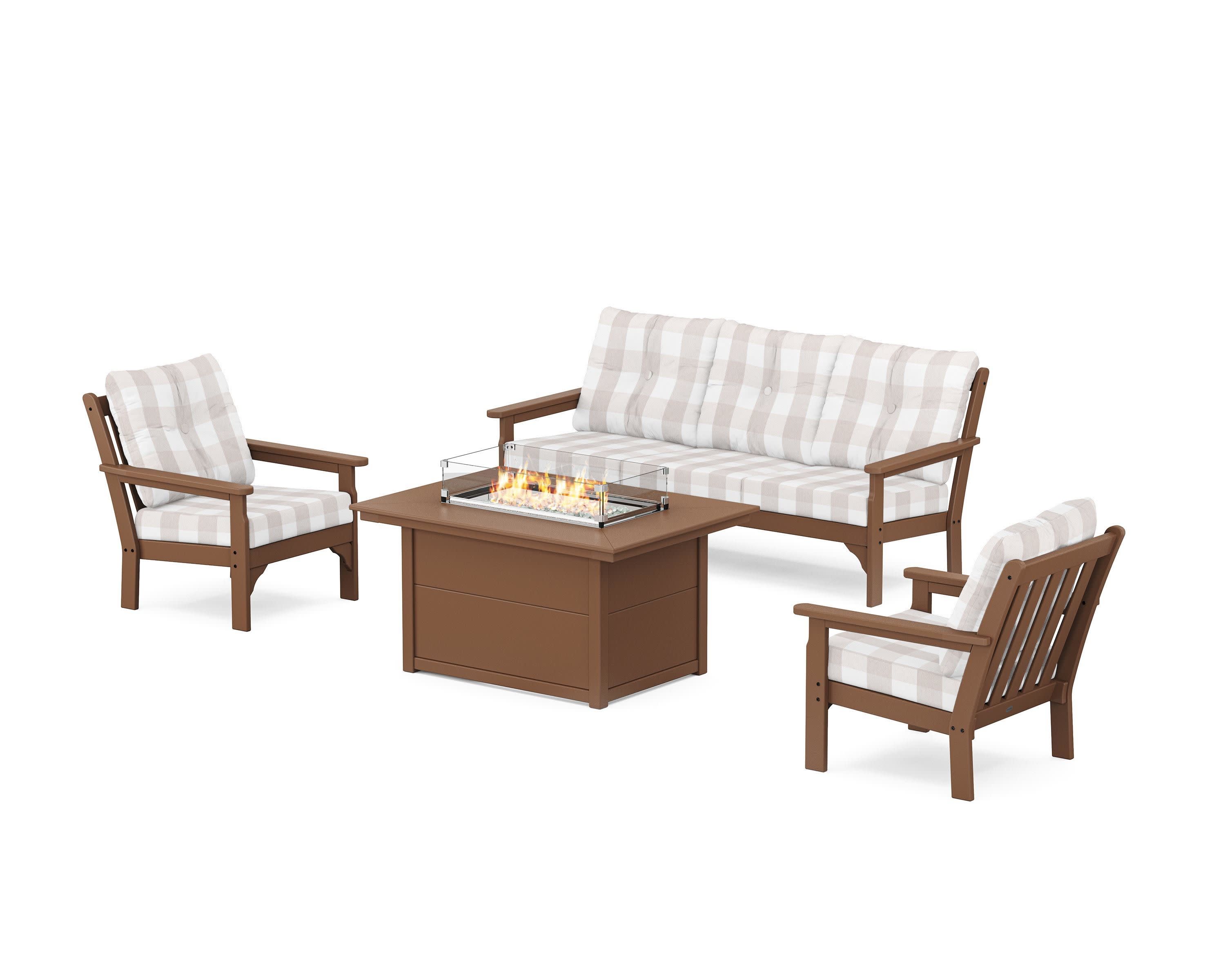 Vineyard Deep Seating Fire Pit Table Set in Teak / Buffalo Plaid Dune Burlap