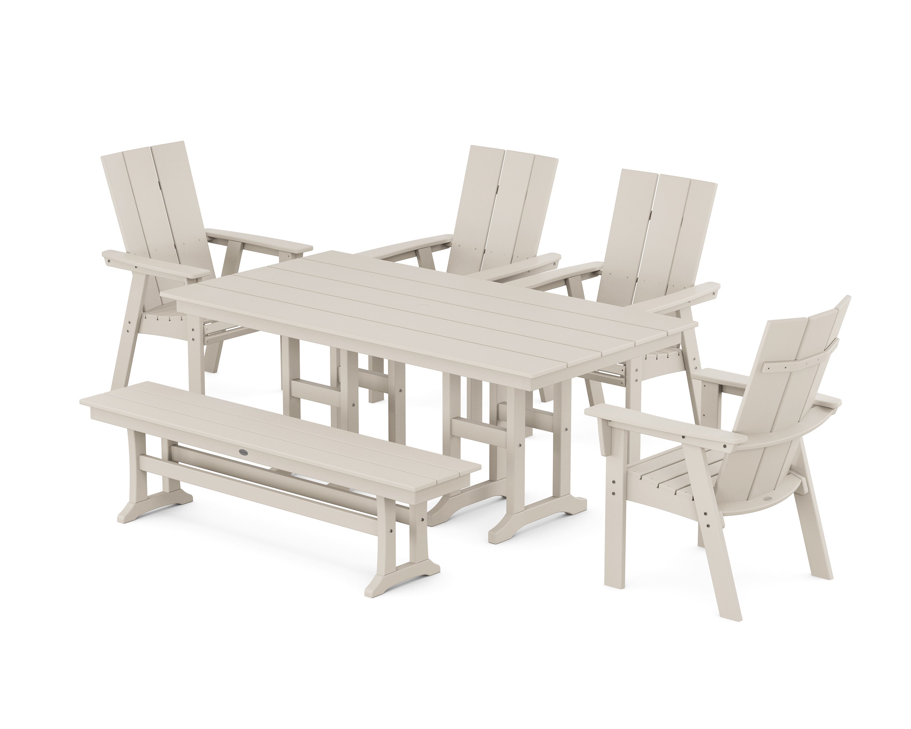 Modern Curveback Adirondack 6-Piece Farmhouse Dining Set with Bench in Sand