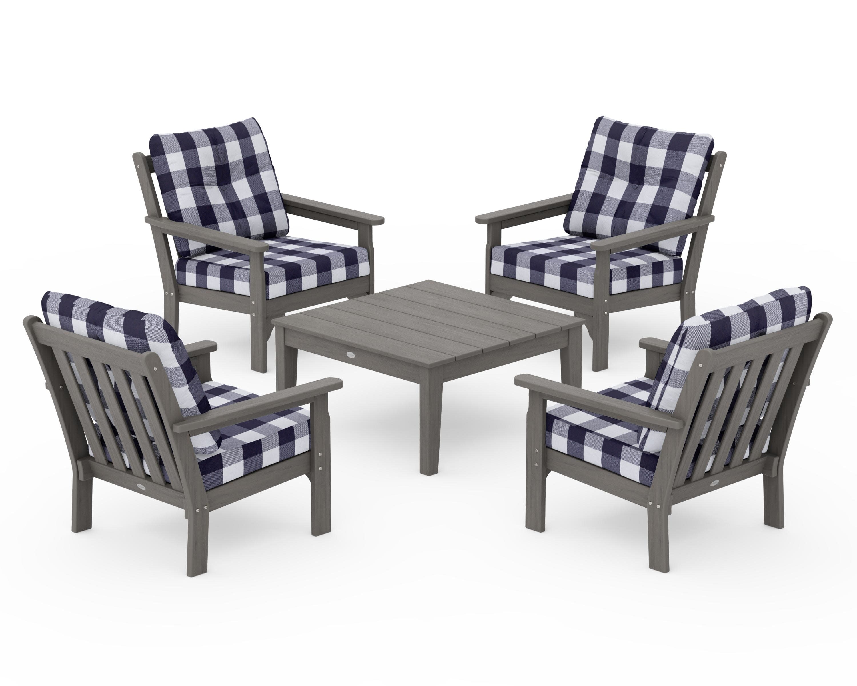 Vineyard 5-Piece Deep Seating Conversation Set in Driftwood / Buffalo Plaid Navy