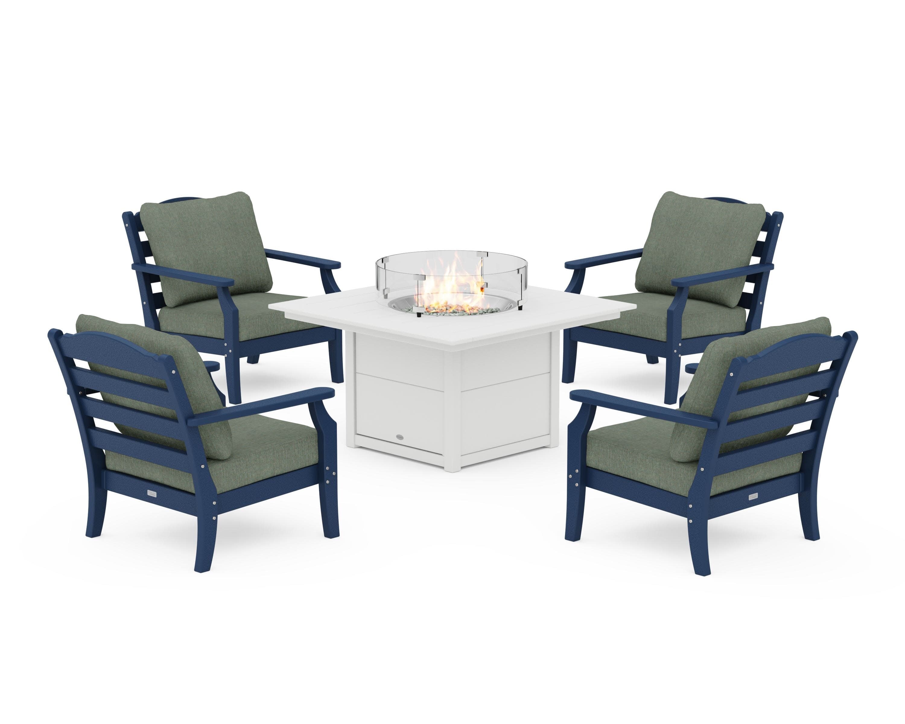 Savannah 5-Piece Deep Seating Set with Fire Pit Table in Navy / Cast Sage