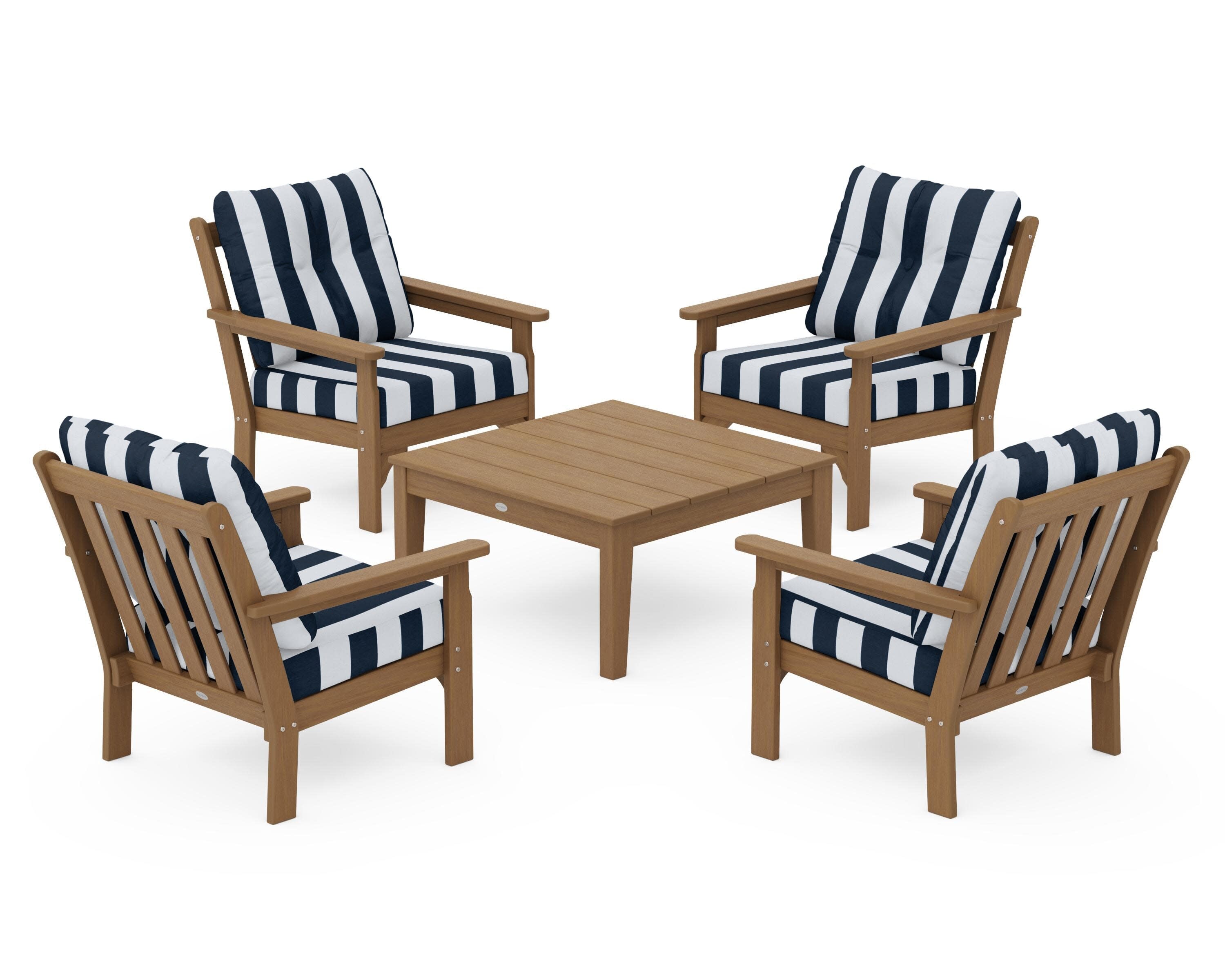 Vineyard 5-Piece Deep Seating Conversation Set in Natural / Cabana Stripe Marine Indigo