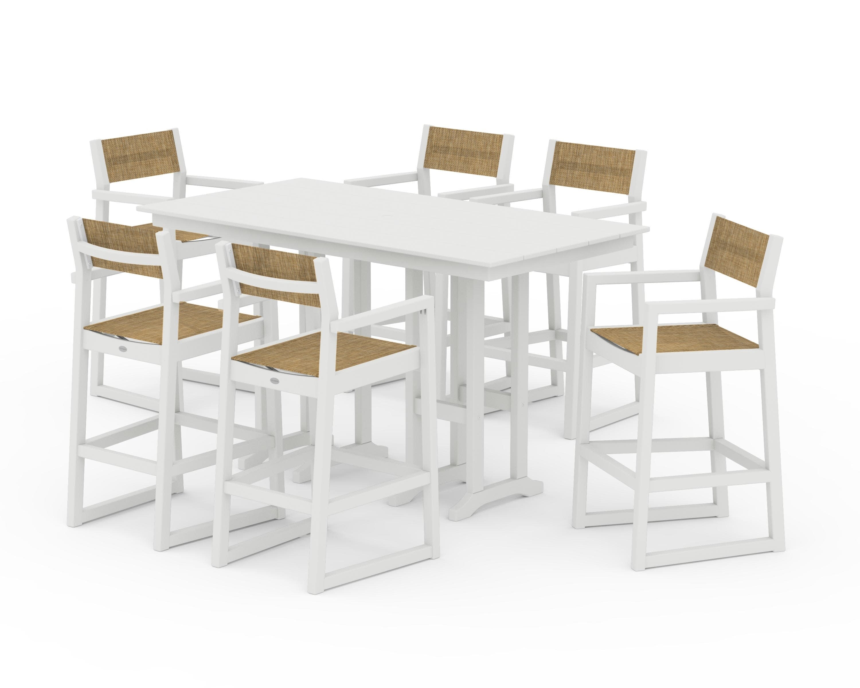 EDGE Sling Arm Chair 7-Piece Farmhouse Bar Set in Vintage White / Burlap Sling