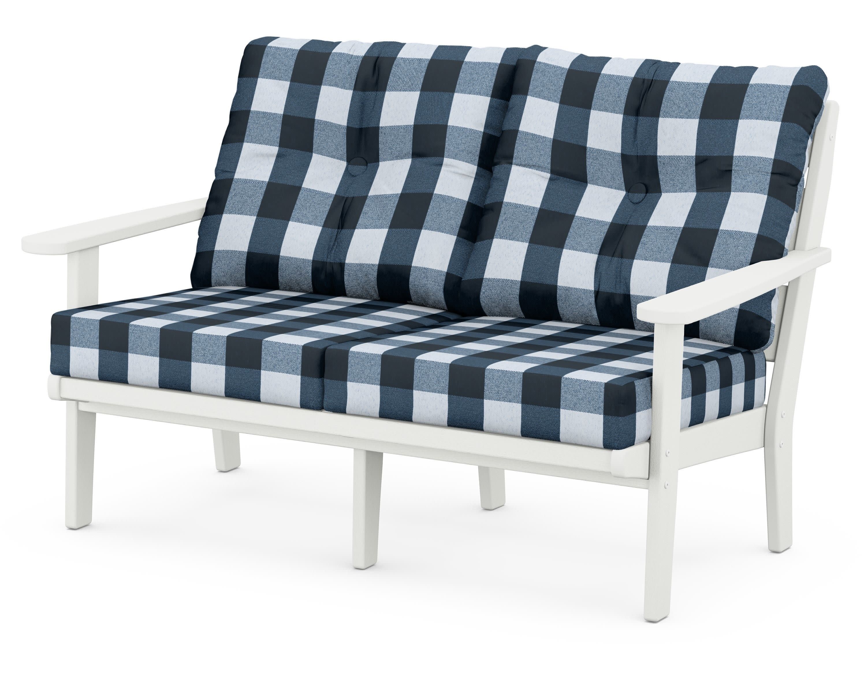 Lakeside Deep Seating Loveseat in Vintage White / Buffalo Plaid Marine Indigo