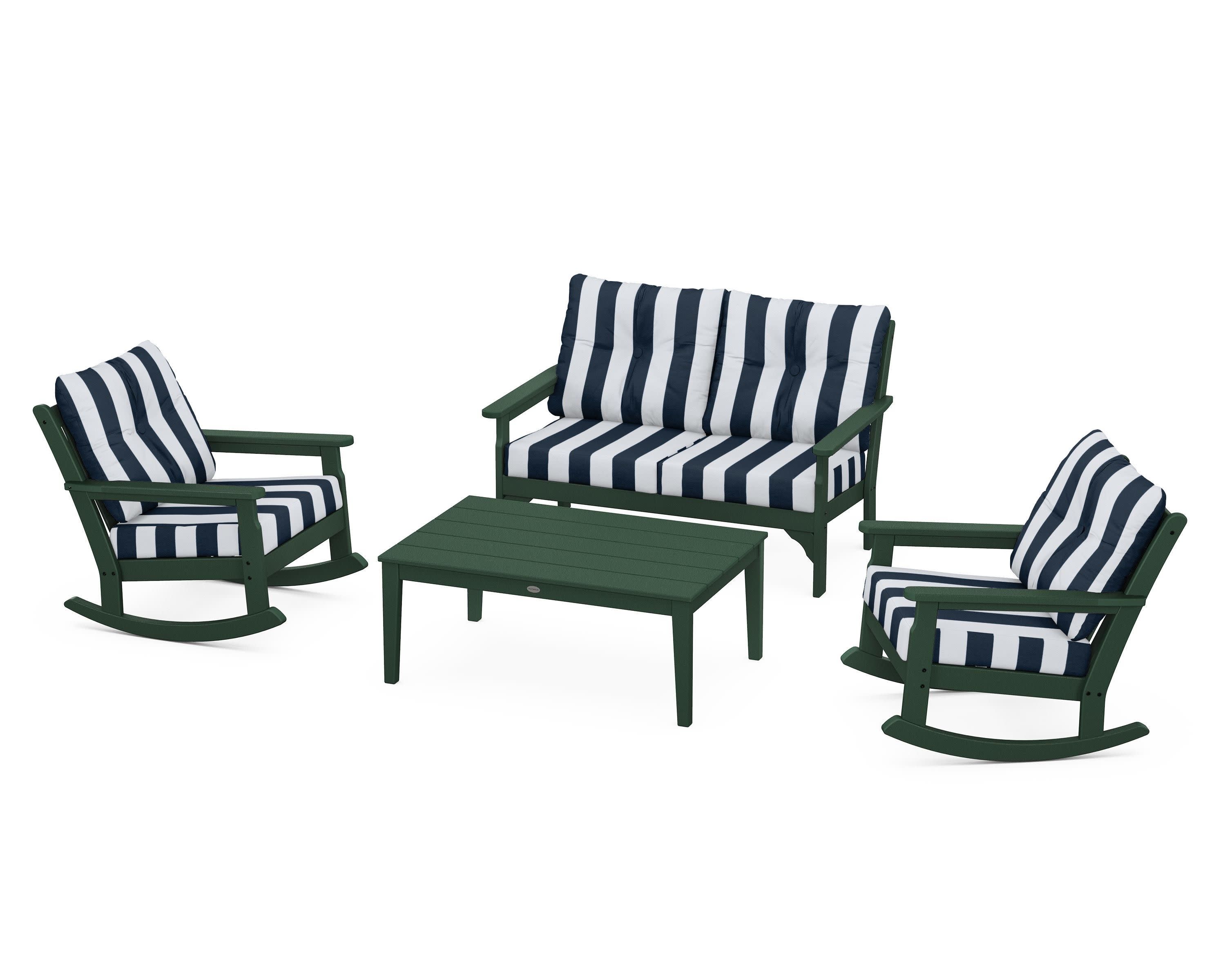 Vineyard 4-Piece Deep Seating Rocking Chair Set in Green / Cabana Stripe Marine Indigo