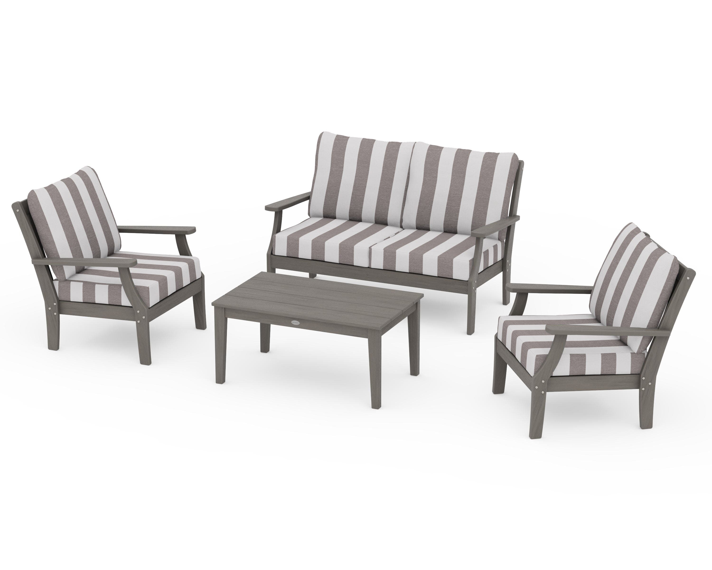 Braxton 4-Piece Deep Seating Chair Set in Driftwood / Cabana Stripe Grey Mist