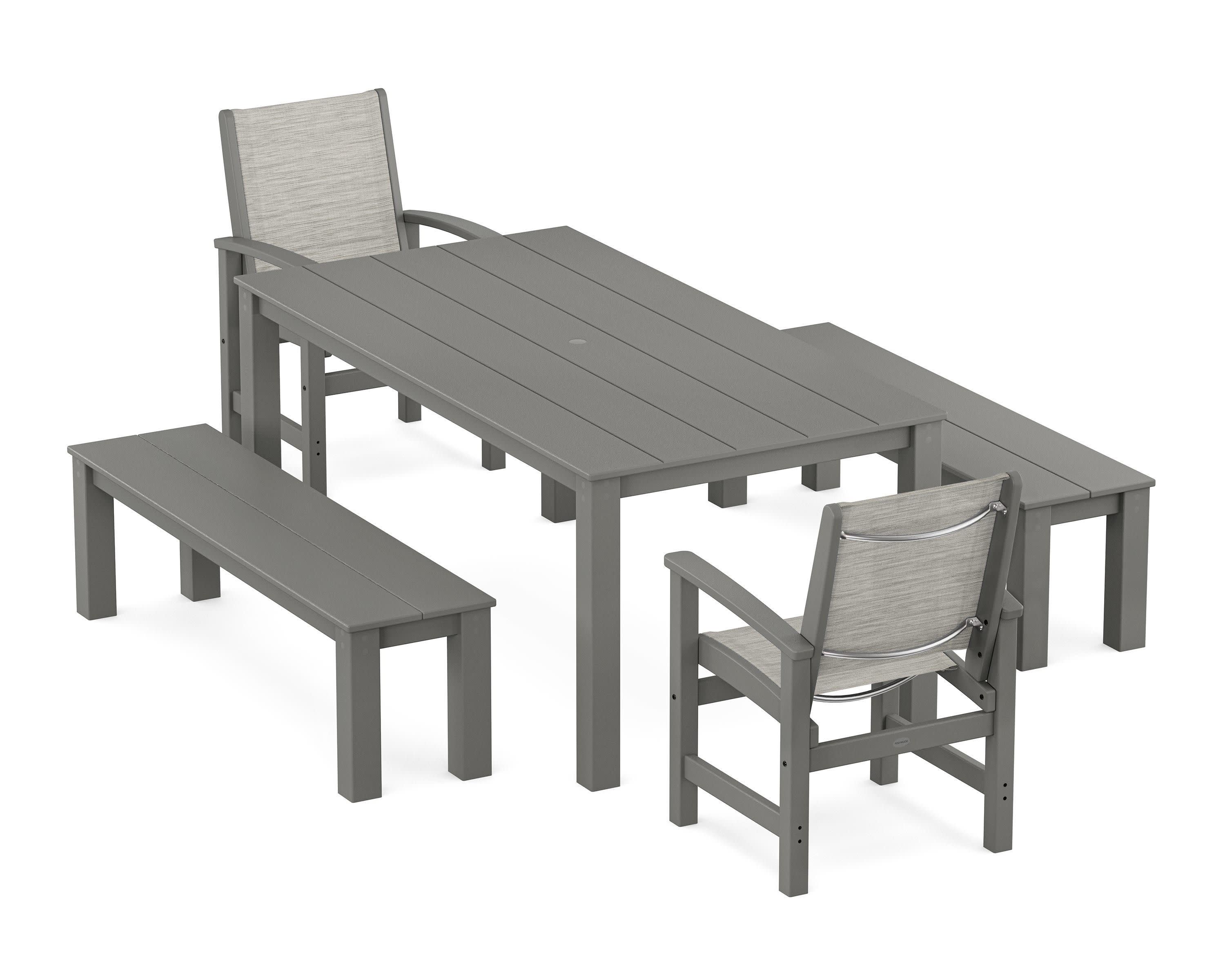 Coastal 5-Piece Parsons Dining Set with Benches in Slate Grey / Birch Sling