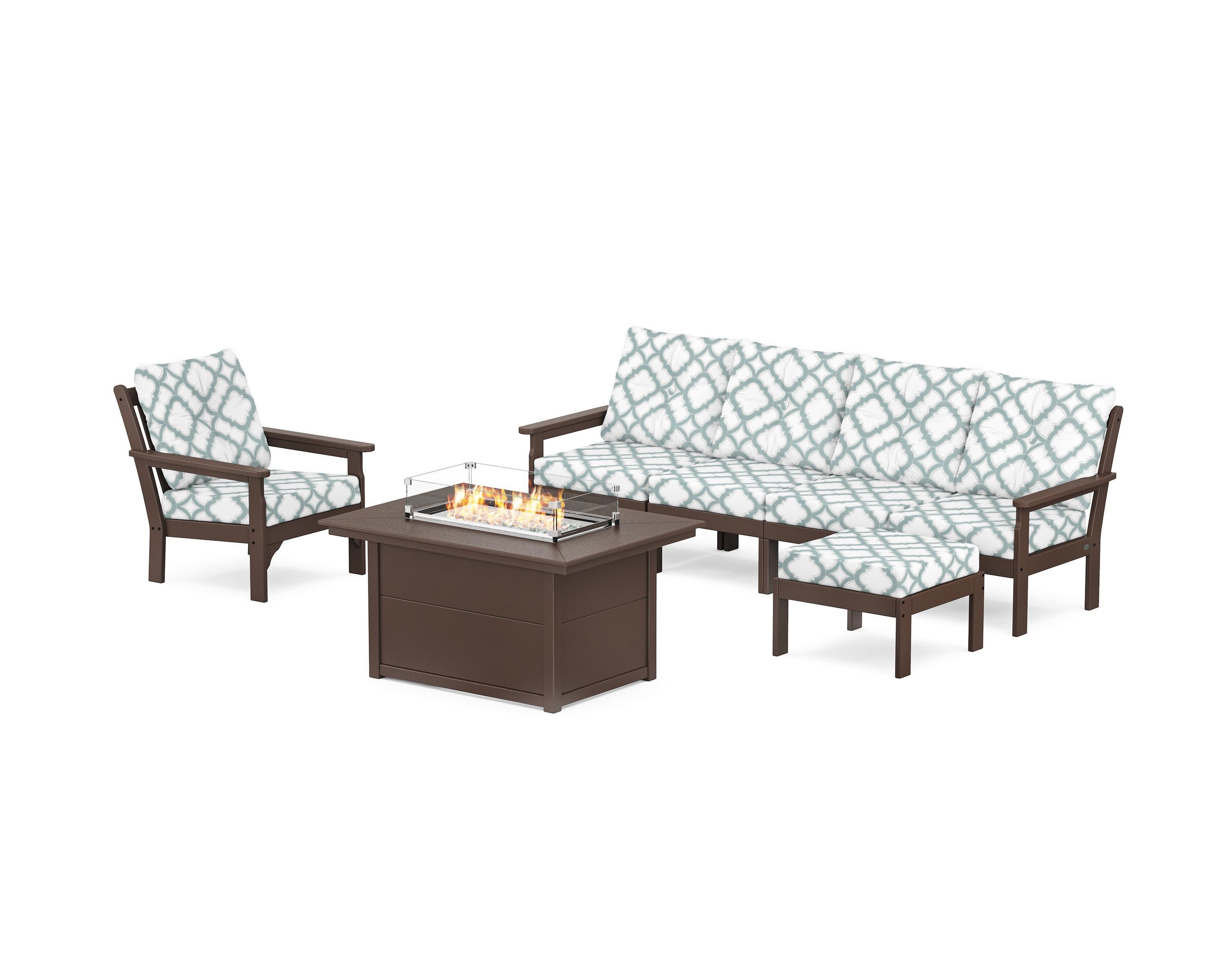 Vineyard Sectional Lounge and Fire Pit Set in Mahogany / Trellis Glacier Spa