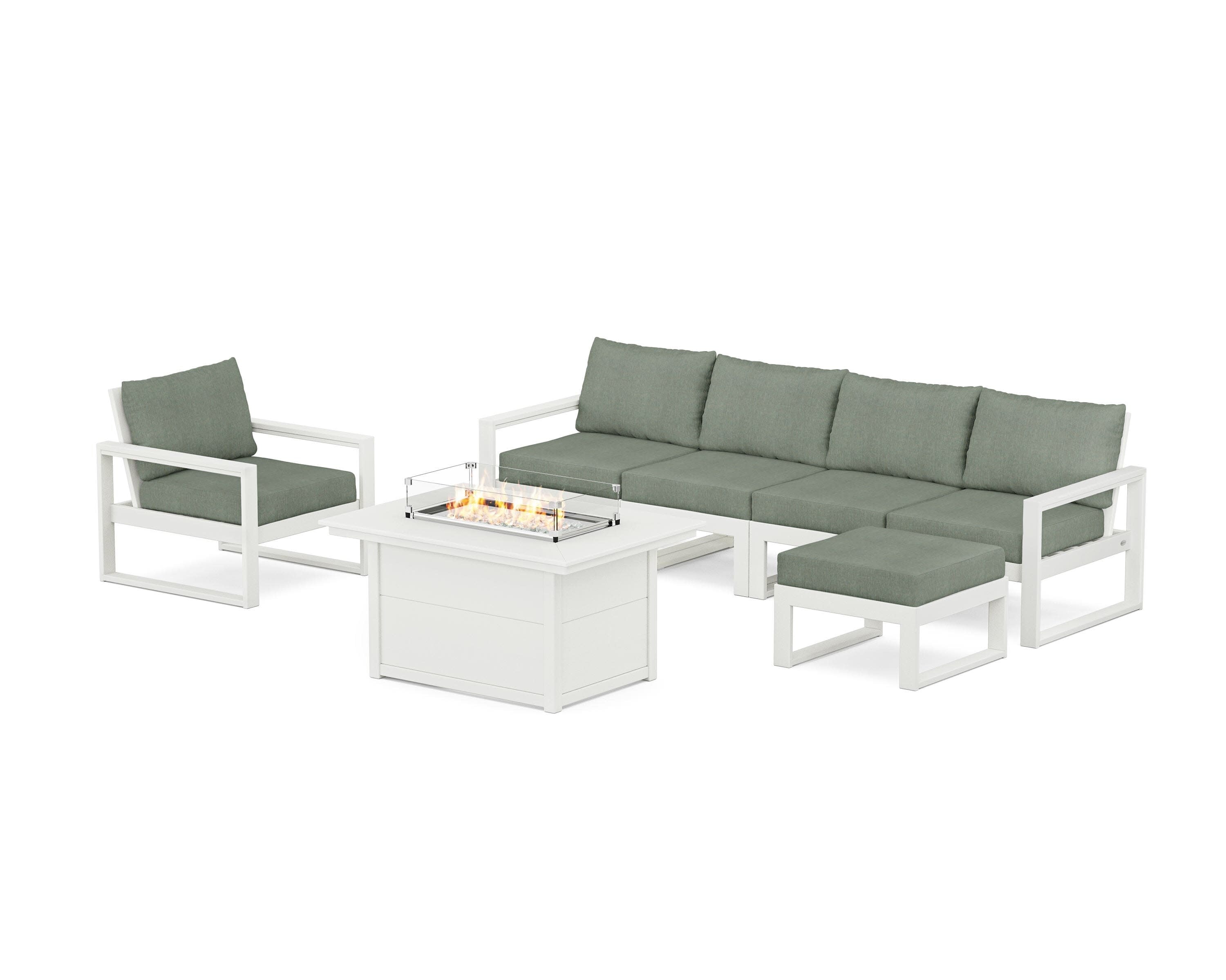 EDGE Sectional Lounge and Fire Pit Set in Vintage White / Cast Sage