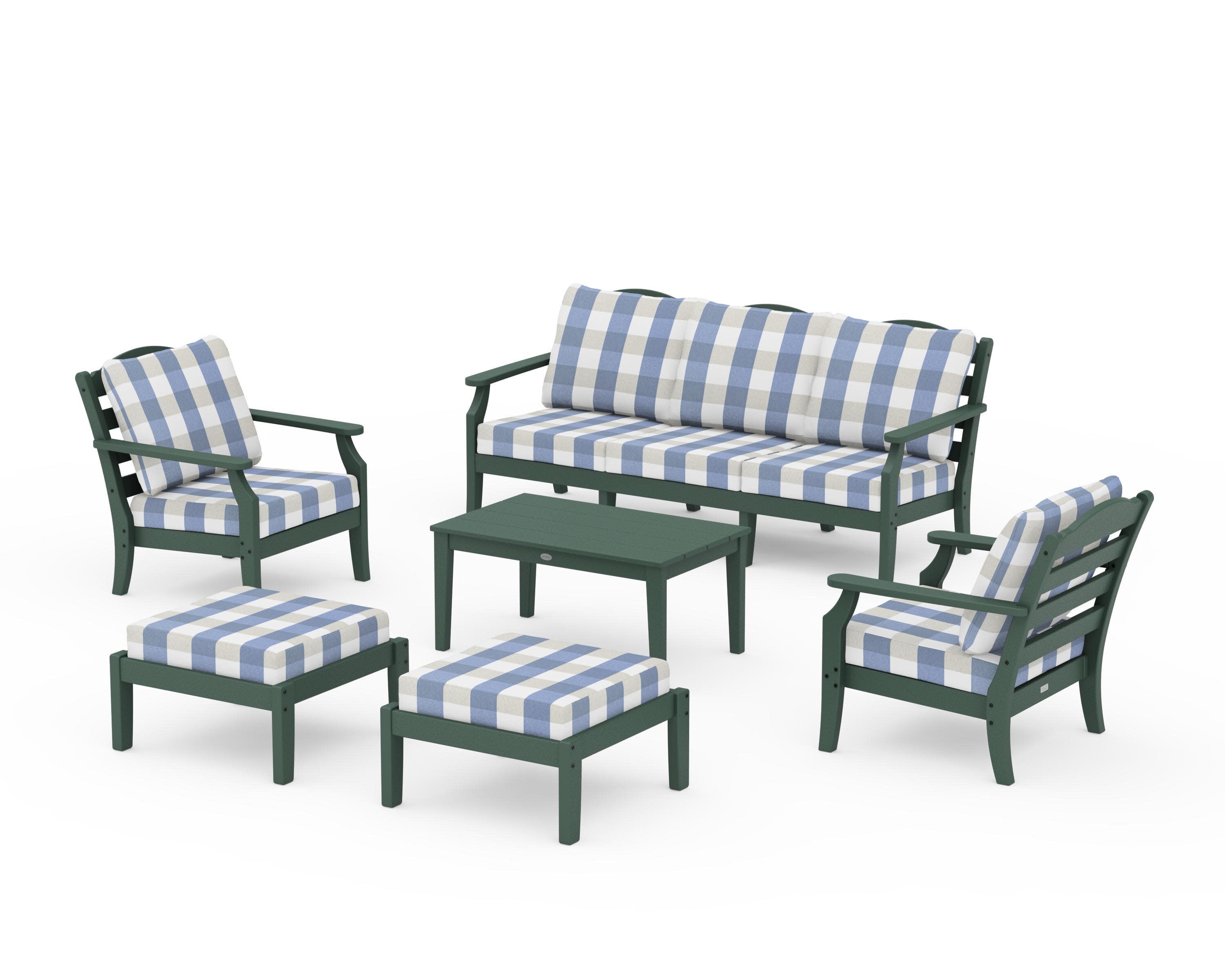 Savannah 6-Piece Lounge Sofa Set in Green / Buffalo Plaid Sky Blue