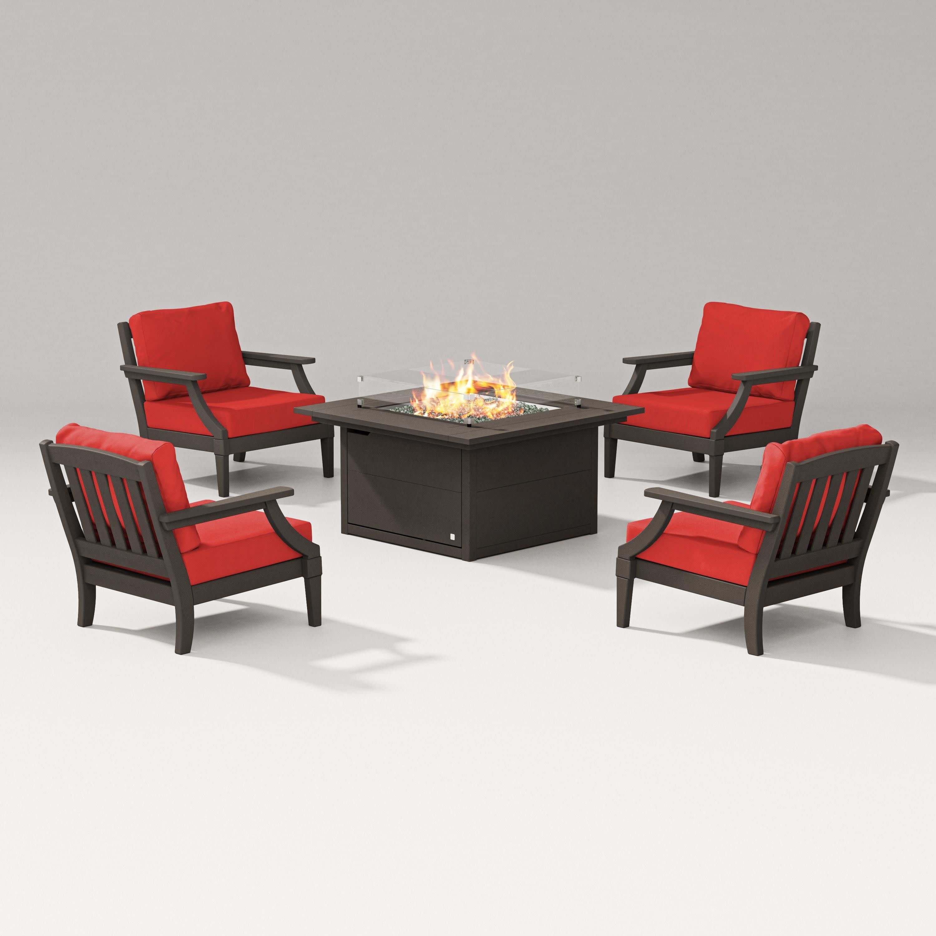 Estate 5-Piece Lounge Fire Table Set in Vintage Coffee / Crimson Linen