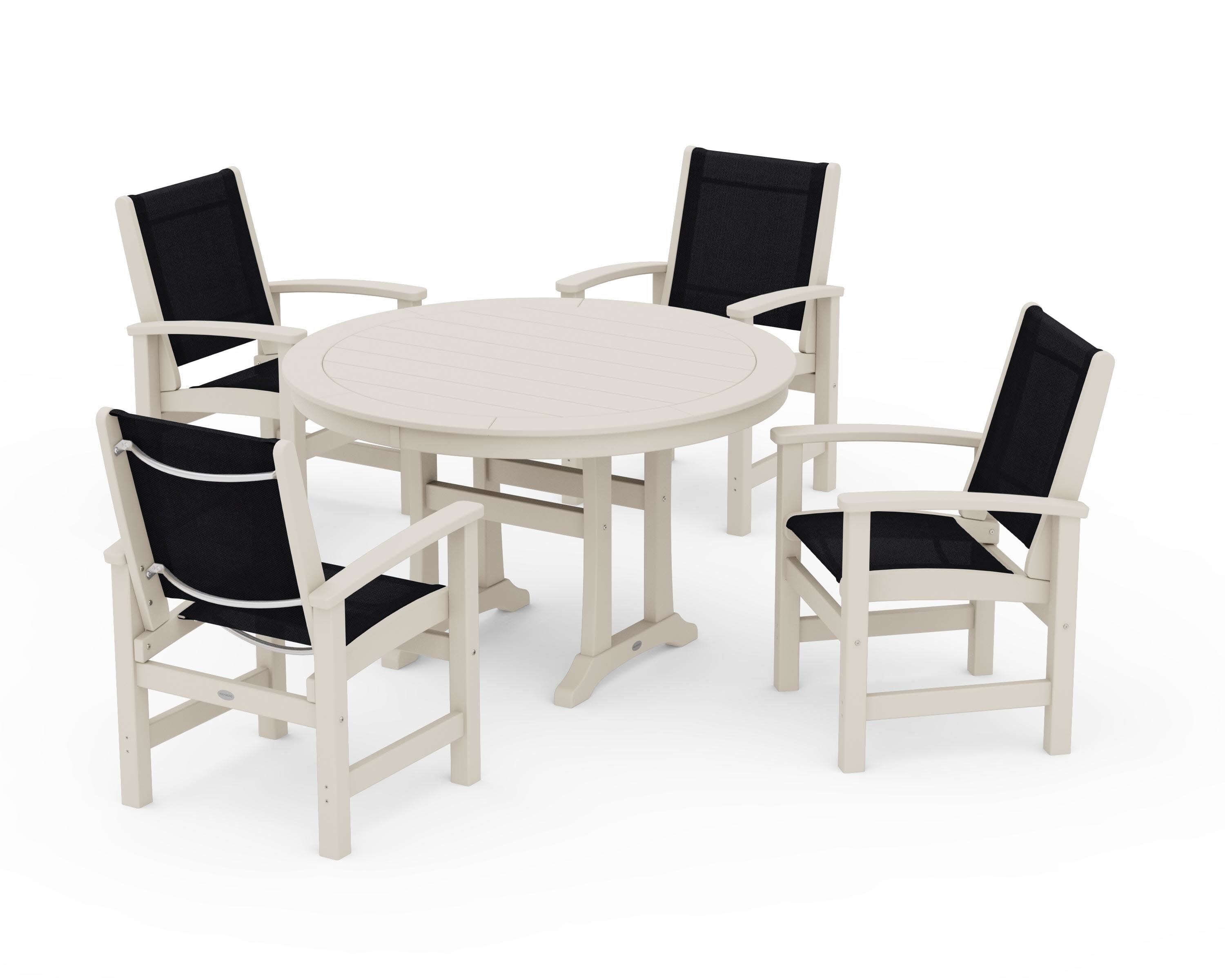 Coastal 5-Piece Round Dining Set with Trestle Legs in Sand / Black Sling