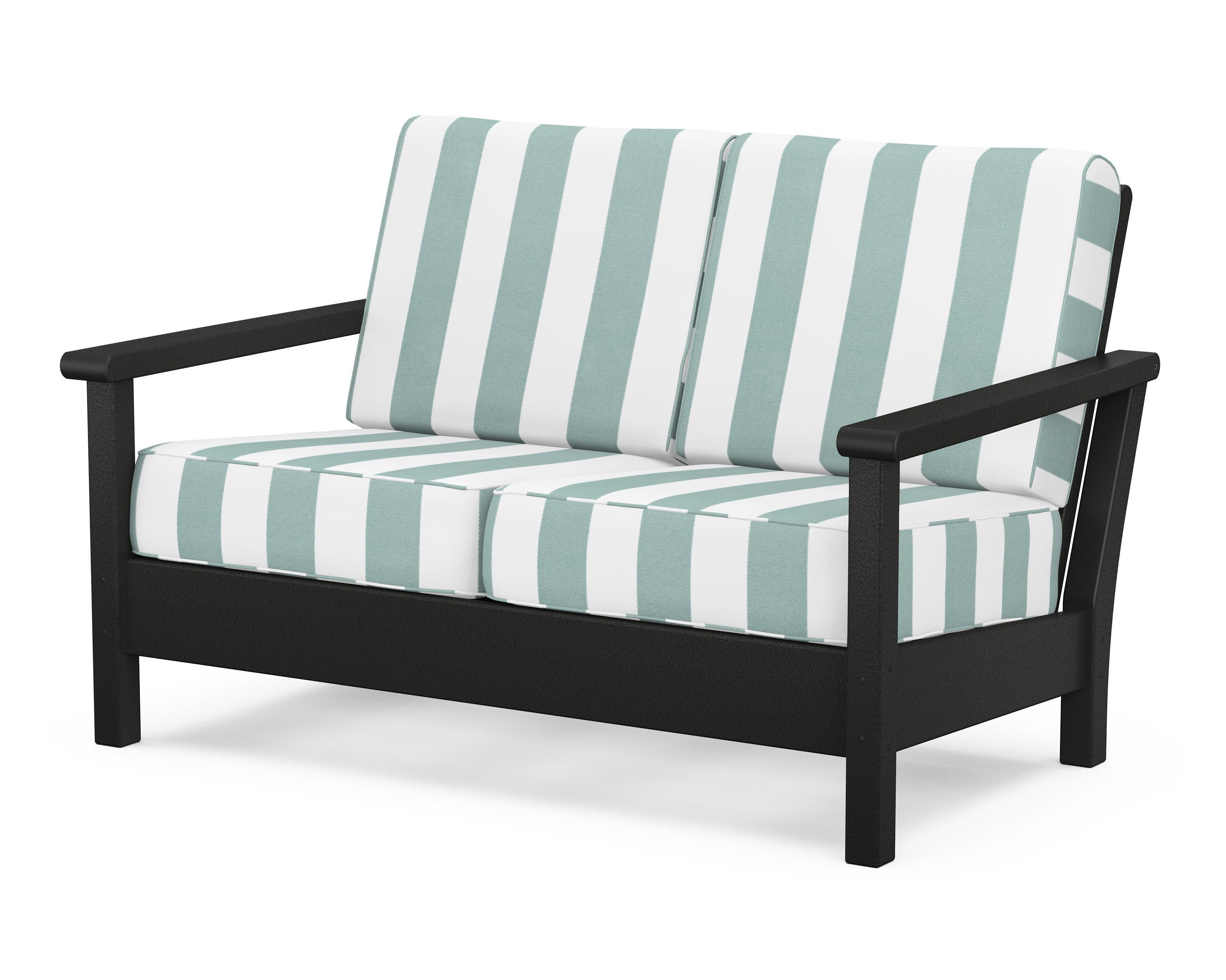 Harbour Deep Seating Loveseat in Black / Cabana Stripe Glacier Spa