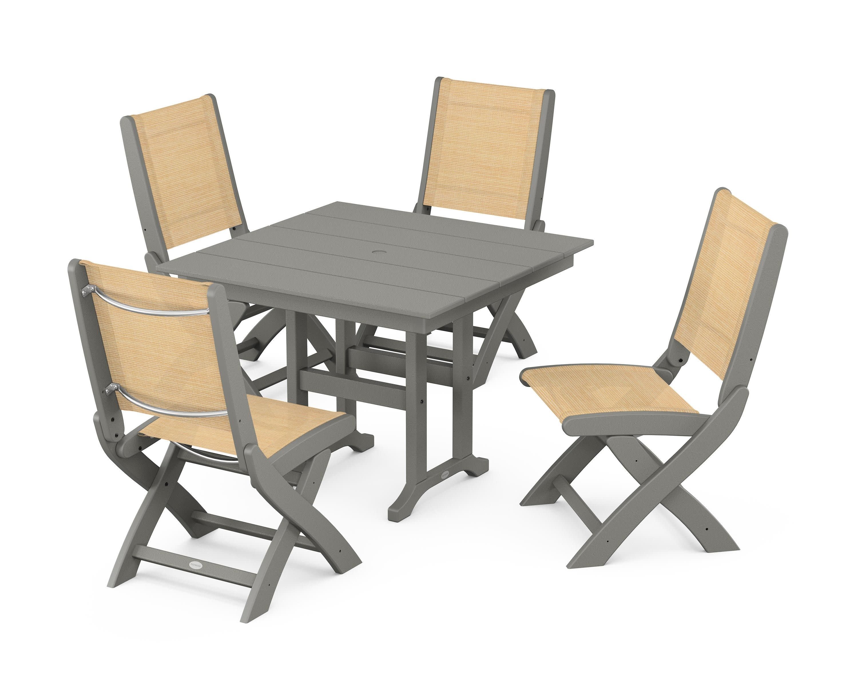 Coastal Folding Side Chair 5-Piece Farmhouse Dining Set in Slate Grey / Dupioni Apricot Sling