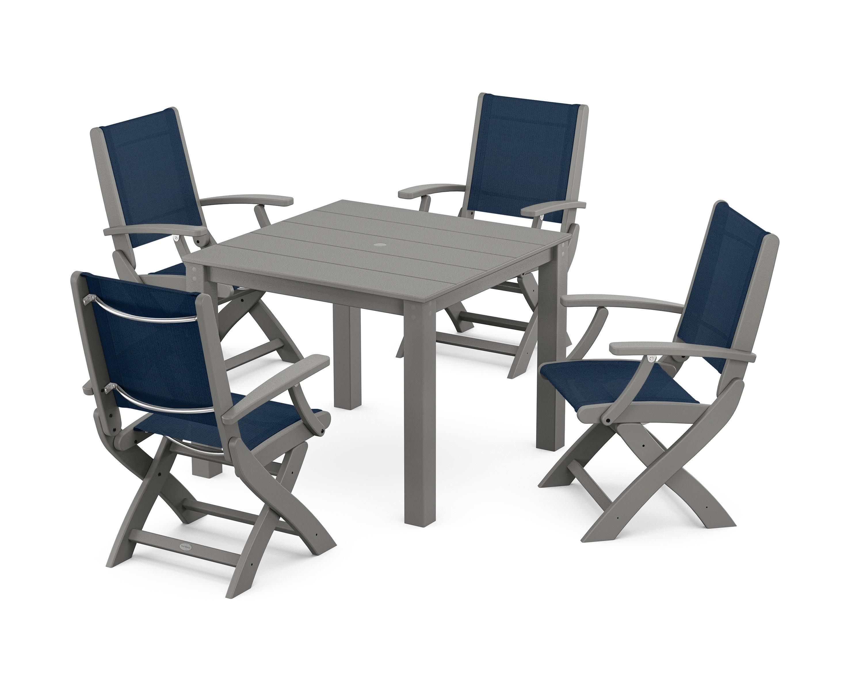 Coastal Folding Chair 5-Piece Parsons Dining Set in Slate Grey / Navy Blue Sling