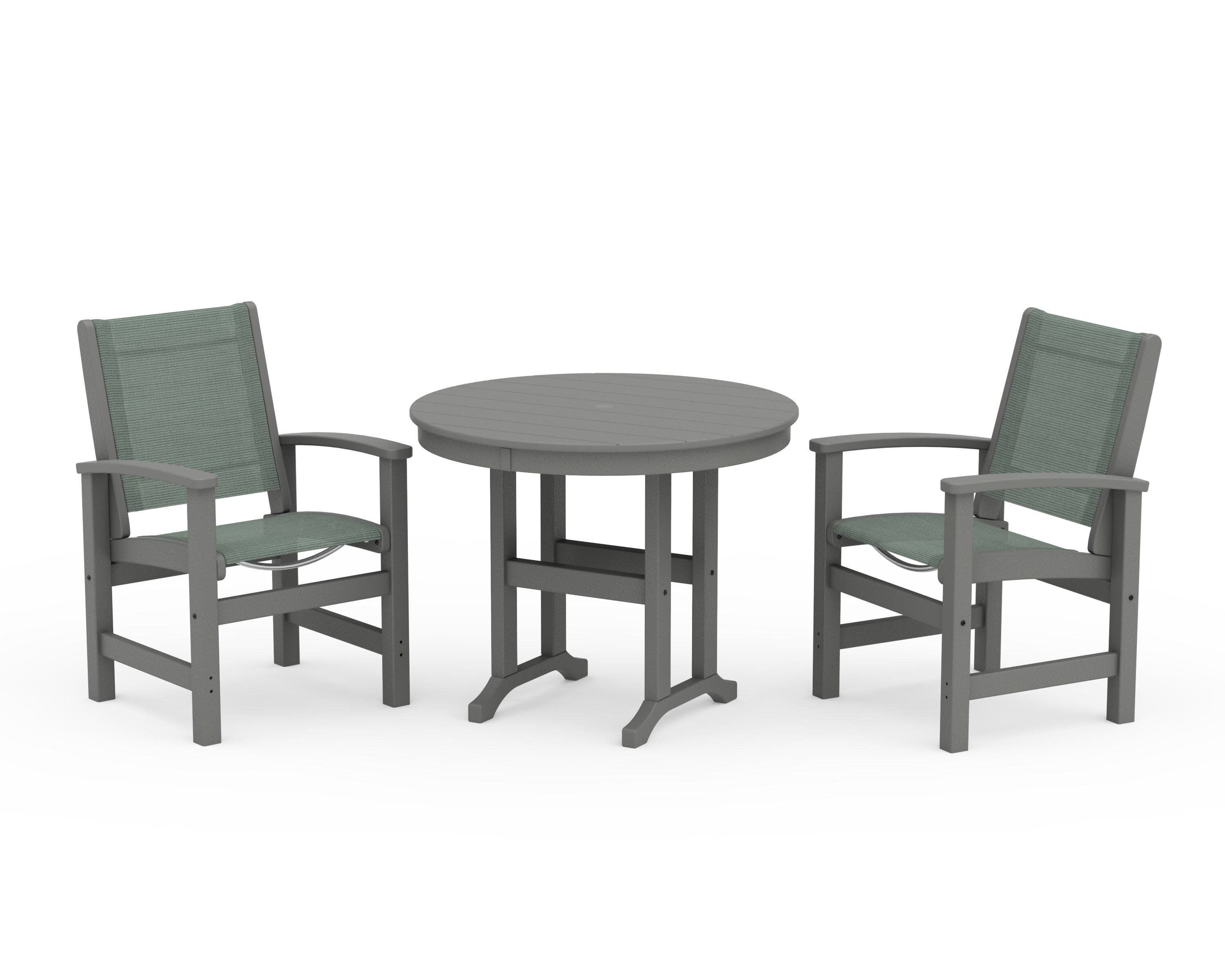 Coastal 3-Piece Round Dining Set in Slate Grey / Dupioni Sea Mist Sling