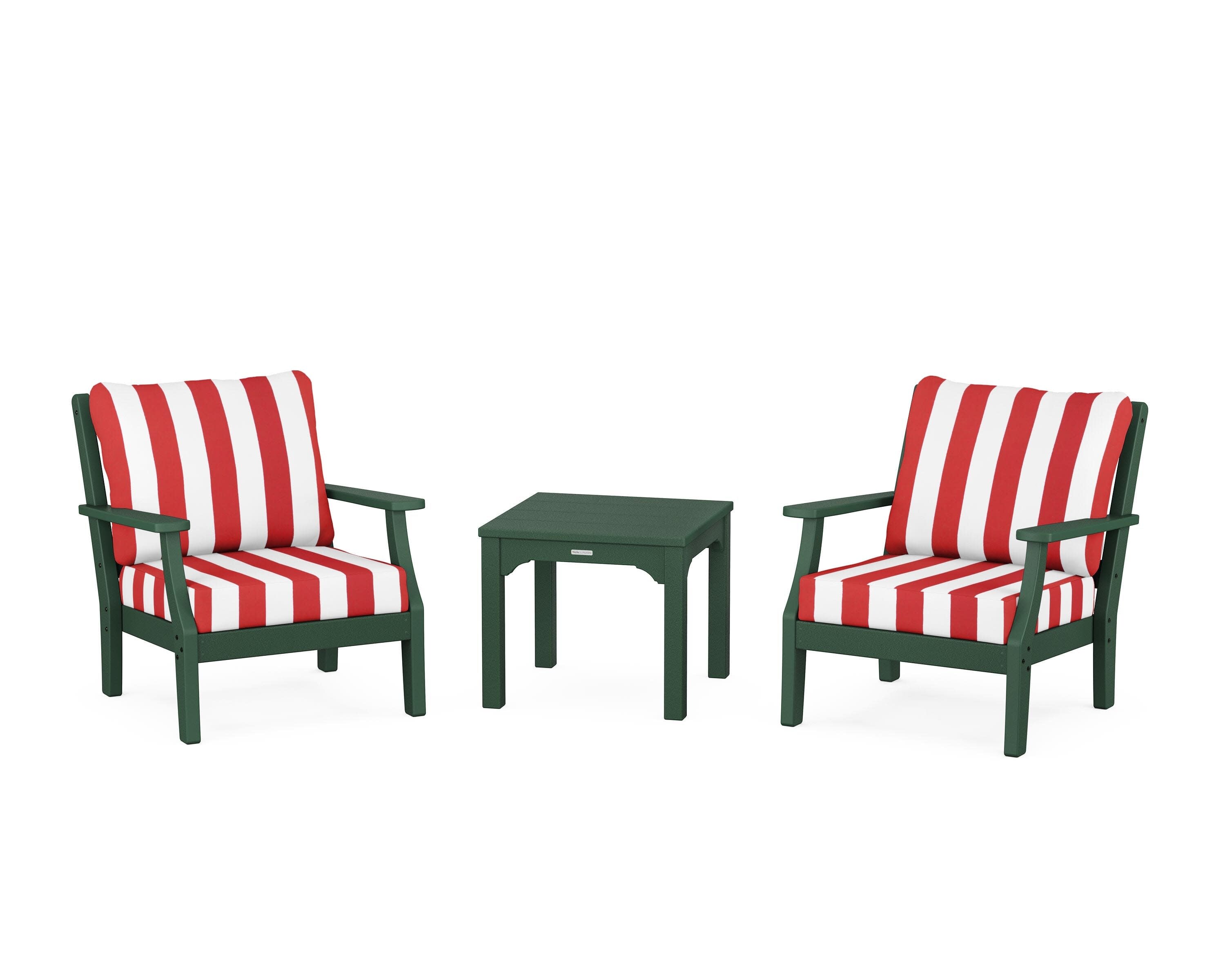 Chinoiserie 3-Piece Deep Seating Set in Green / Cabana Stripe Crimson