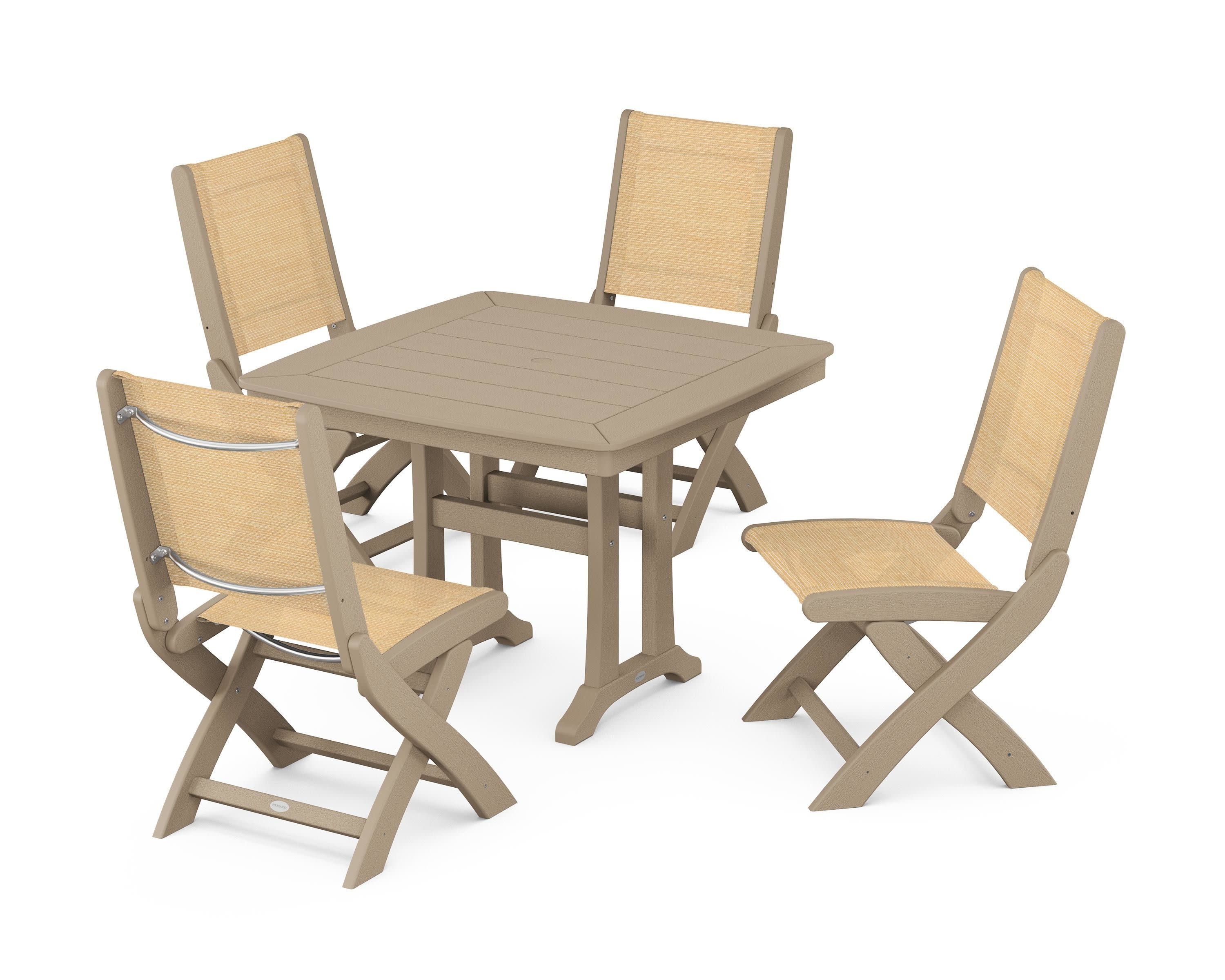 Coastal Folding Side Chair 5-Piece Dining Set with Trestle Legs in Vintage Sahara / Dupioni Apricot Sling